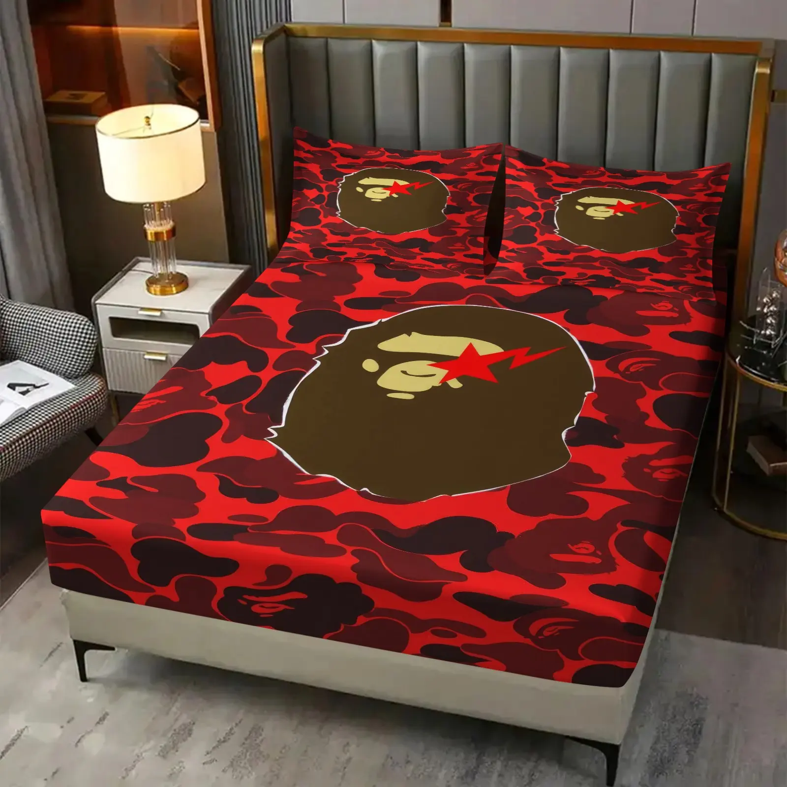 Bright Red Camo Cartoon Monkey Head Red Star Full Print 3‑Piece Fitted Sheet Set, No Filling Included, Polyester Bedding Set, Teen Guy Bedroom Decor, Red Camo Monkey Bedding Set, Streetwear Room Decor