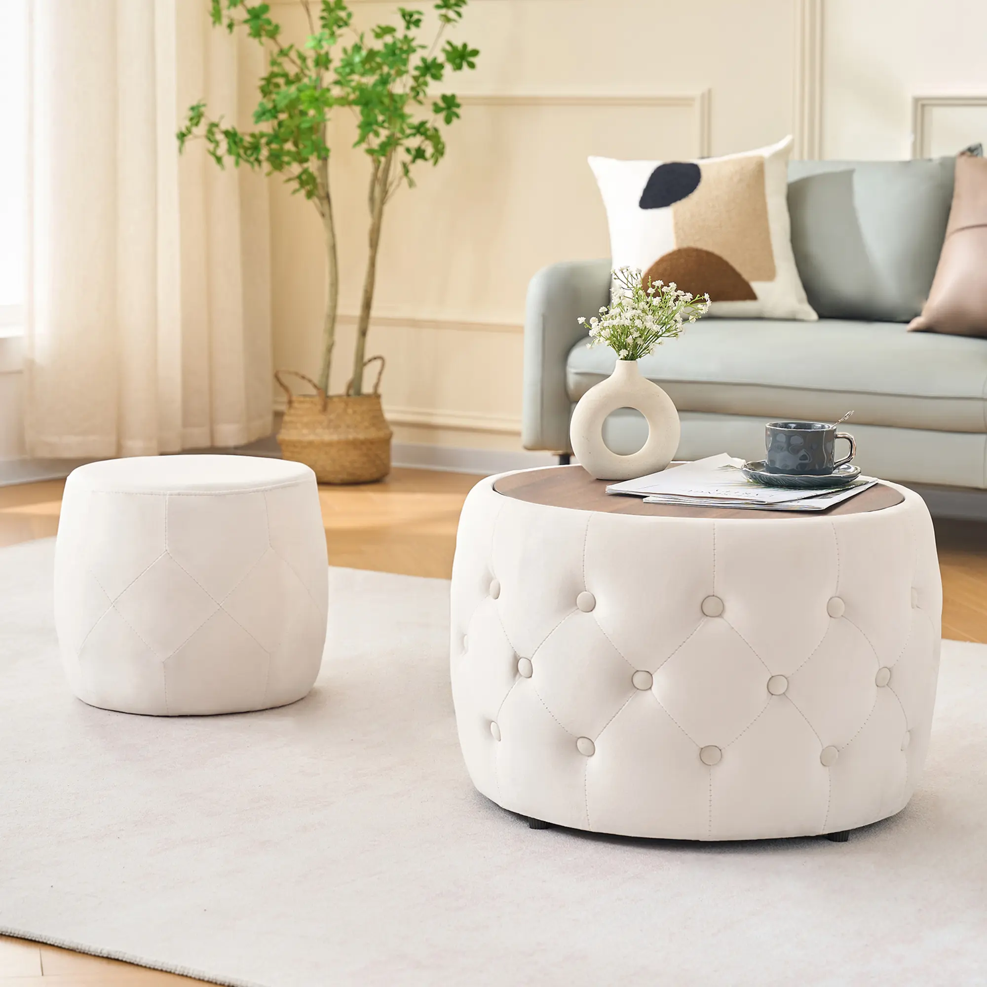 ARCH Set of 2 Nesting Velvet Ottomans with Storage, Round Foot Stool with Wood Tray, Beige, 22.75" Diameter, Hidden Storage Bench, Coffee Table, Living Room Bedroom, No Assembly Needed, 396 lbs Capacity, Beige Color Options, Velvet Material