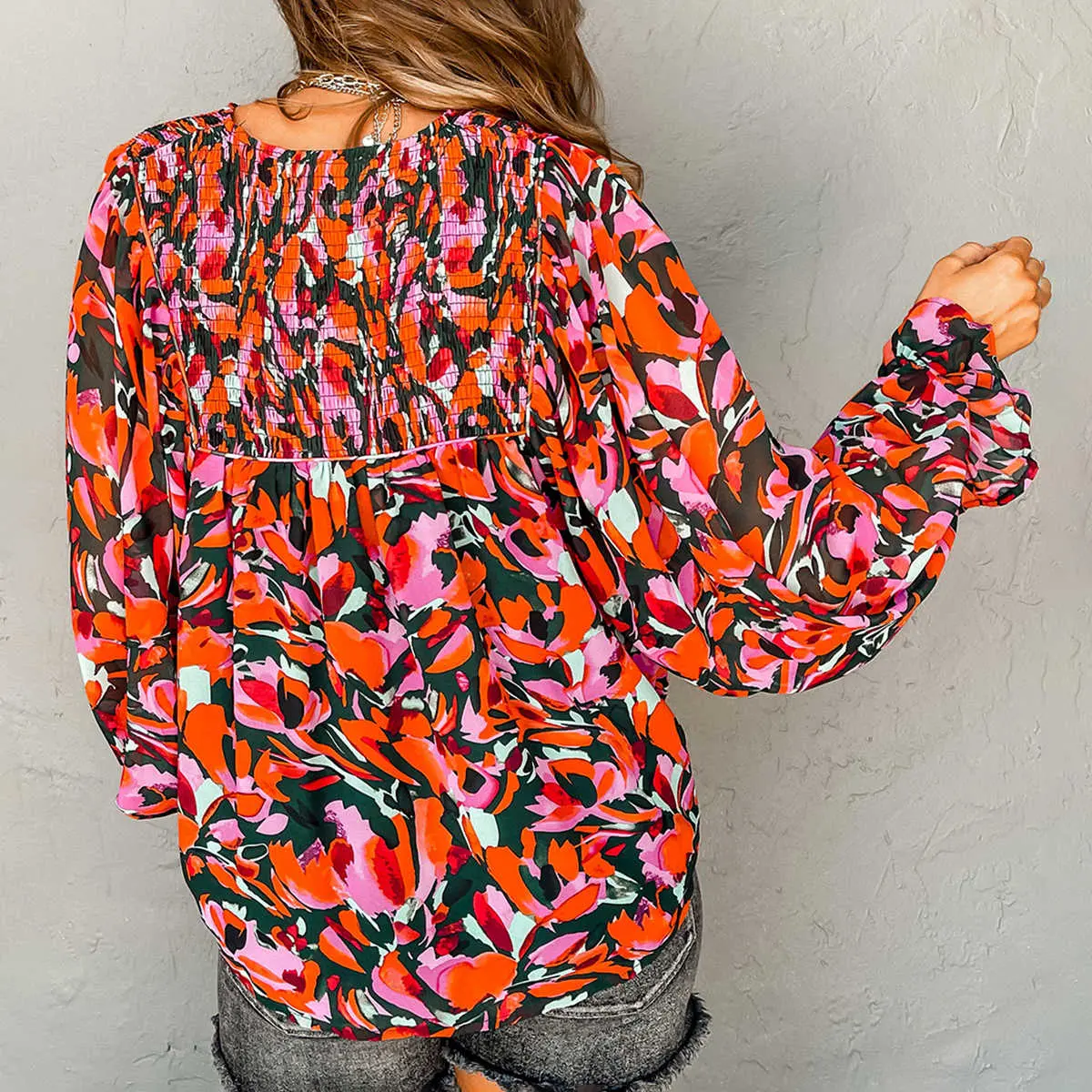 Red Dahlia Abstract Floral Shirred Detail Puff Sleeve Blouse