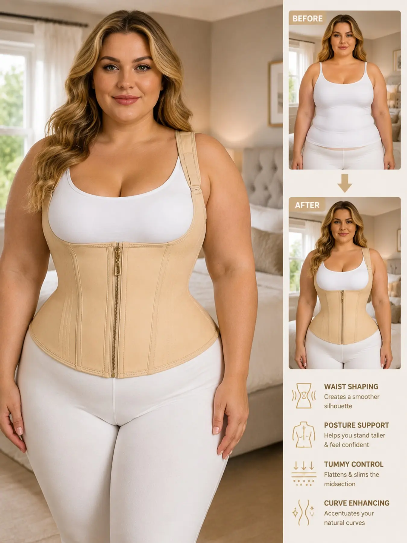 Women's Plain Adjustable Hook and Zipper Shapewear Top, Waist Cinching Bodycon Bra, All-Seasons Ladies Shapewear, Underwear, Valentine's Day Gift