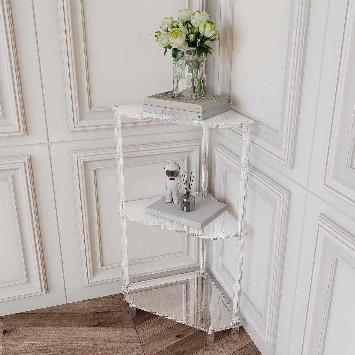 Modern Acrylic Corner Table, Modern Entryway Table, Modern Side Table, Transparent Triangle Shelf for Living Room Bedroom Bathroom, Easy Assembly Space-Saving Design