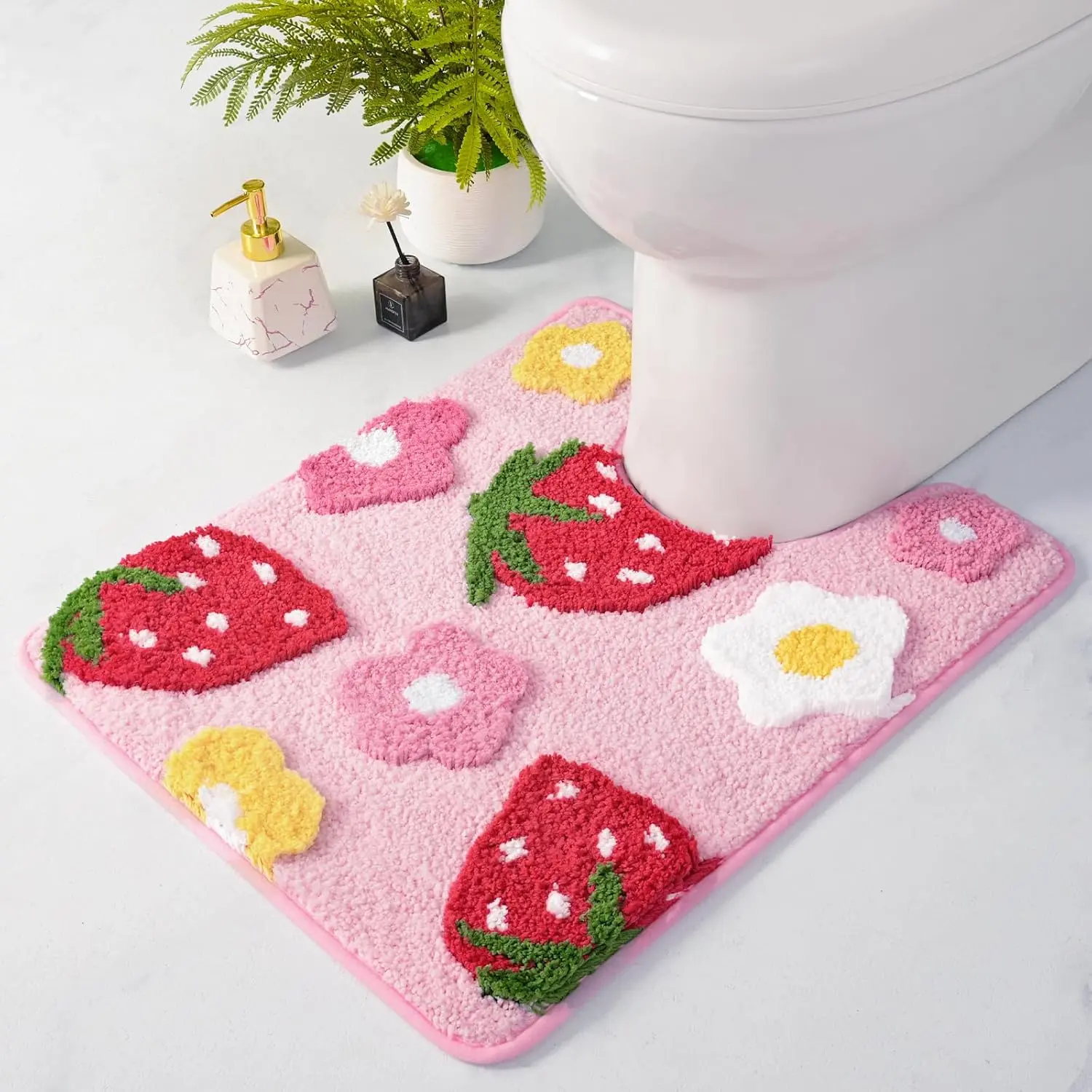U-Shaped Toilet Rug 20x20'' - Super Soft Absorbent Bathroom Mat with Cute Strawberry & Flower Design, Non-Slip Quick-Dry Washable Contour Rug for Toilet, Bath Mats for Bathroom Decor()