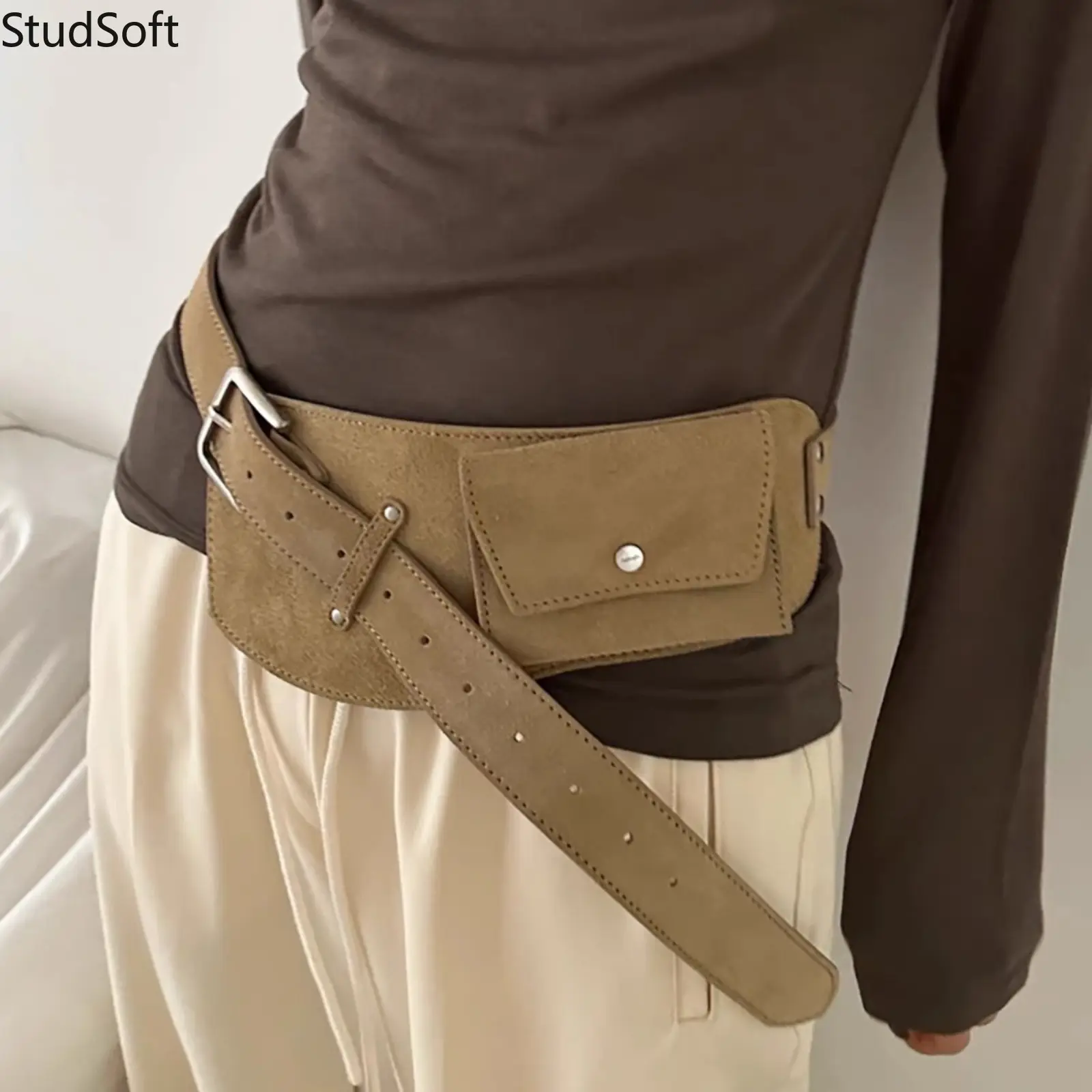Y2K Suede Fanny Pack Waist Belt for Women, Vintage Khaki Belt Bag with Pouch Pocket, Fashionable Removable Cargo Fanny Pack Daily Streetwear Music Festival Gift