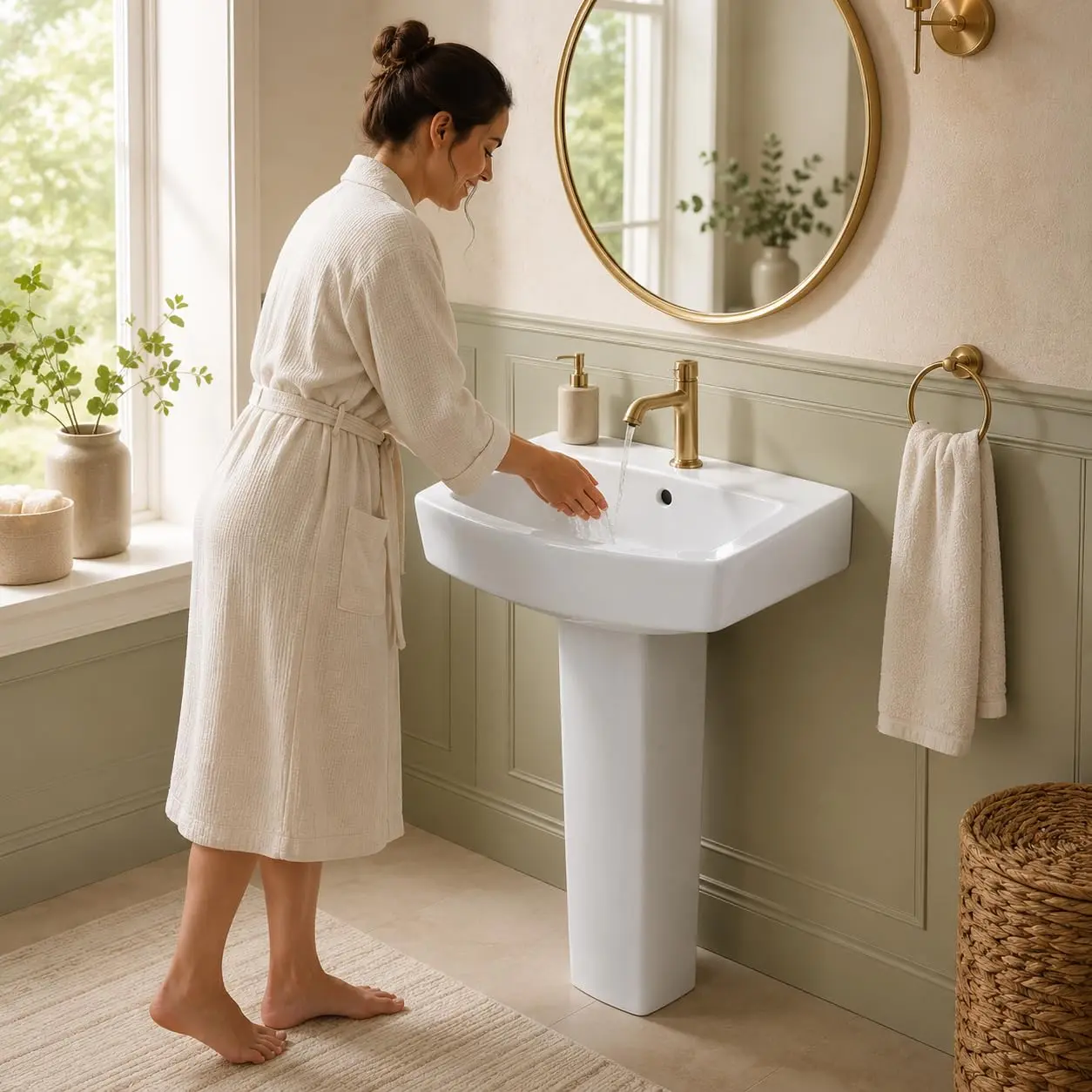 White Ceramic Pedestal Bathroom Sink – Freestanding Square Basin with Glossy Finish, Classic Style, Single-Hole Faucet Compatible
