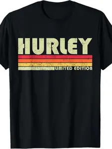 Hurley Vintage Colorblock Letter Print Short Sleeve T-Shirt, American 70s Retro Style, Loose Round Neck, Unisex Casual Top