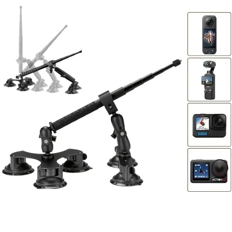 Five-Suction Car Mount, Heavy-Duty Tripod, Multi-Function Suction Cup, 45-Inch Selfie Stick, Adjustable, Metal, Car Holder, Holder System, Compatible with Insta360/dji Osmo/akaso
