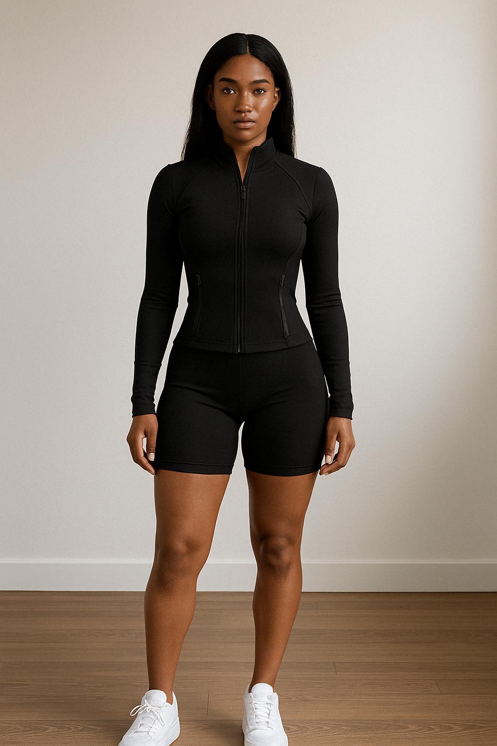 Breathable Elasticity Gym Set - Women's 2 Piece Workout Set Zip-Up Jacket & Shorts - Casual Activewear for Fitness & Athleisure Trend Breathable Elasticity Gym Set - Women's 2 Piece Workout Set Zip-Up Jacket & Shorts - Casual Activewear for Fitness & Athleisure Trend