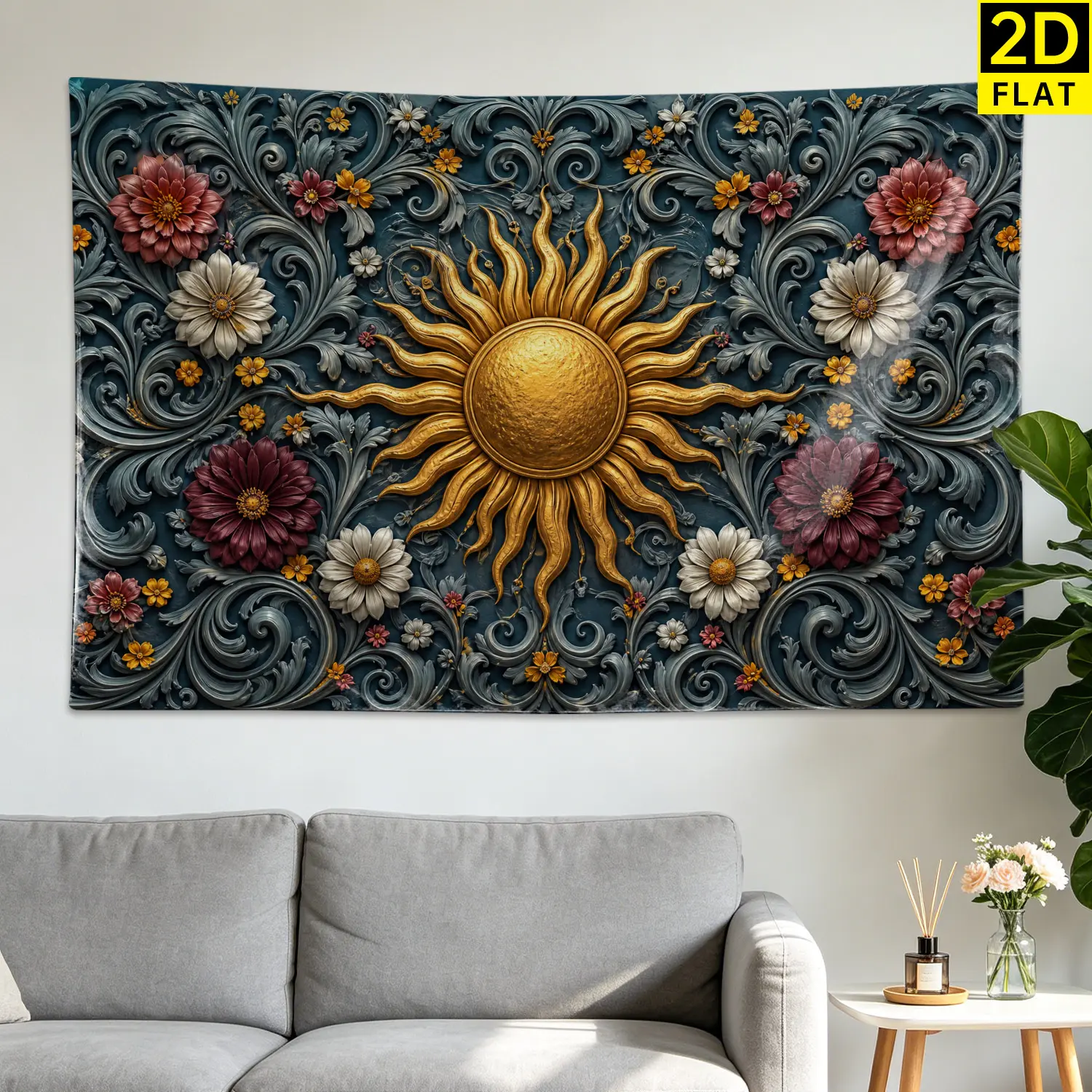 Baroque Floral Golden Sun Vintage Tapestry - Large Horizontal Polyester Wall Decor Artwork, No-Installation Room Decor, Indoor-Outdoor Wall Hanging, Gift Idea for Family