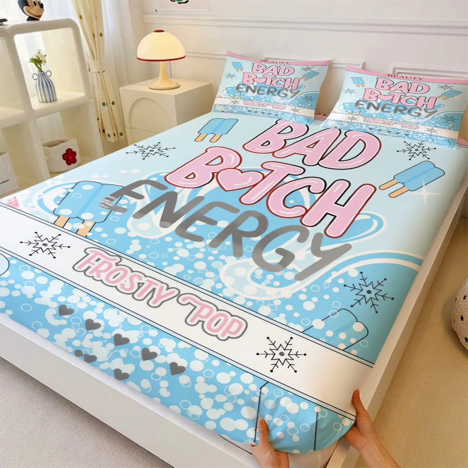 Light Blue Summer Ice Pop & Snowflake Heart Bubble Graffiti Print Fitted Sheet Set,1 Bedcap & 2 Pillowcases,Cool Frozen Treat Art Elastic Deep Pocket Full Wrap Mattress Cover,Washable Wrinkle Resistant Bedspread,Stylish Summer Household Bedroom Bedding