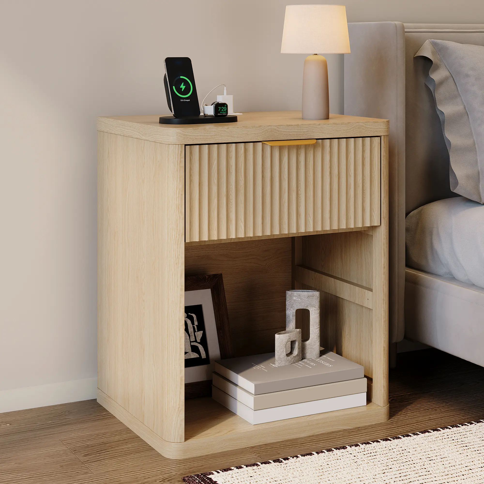 Mid-Century Set of 2 Fluted Bedside Tables, Equipped with Charging Station, 2 Drawers and Open Storage, Metal Handles & Rounded Corners, Suitable for Bedroom, Nursery and Living Room