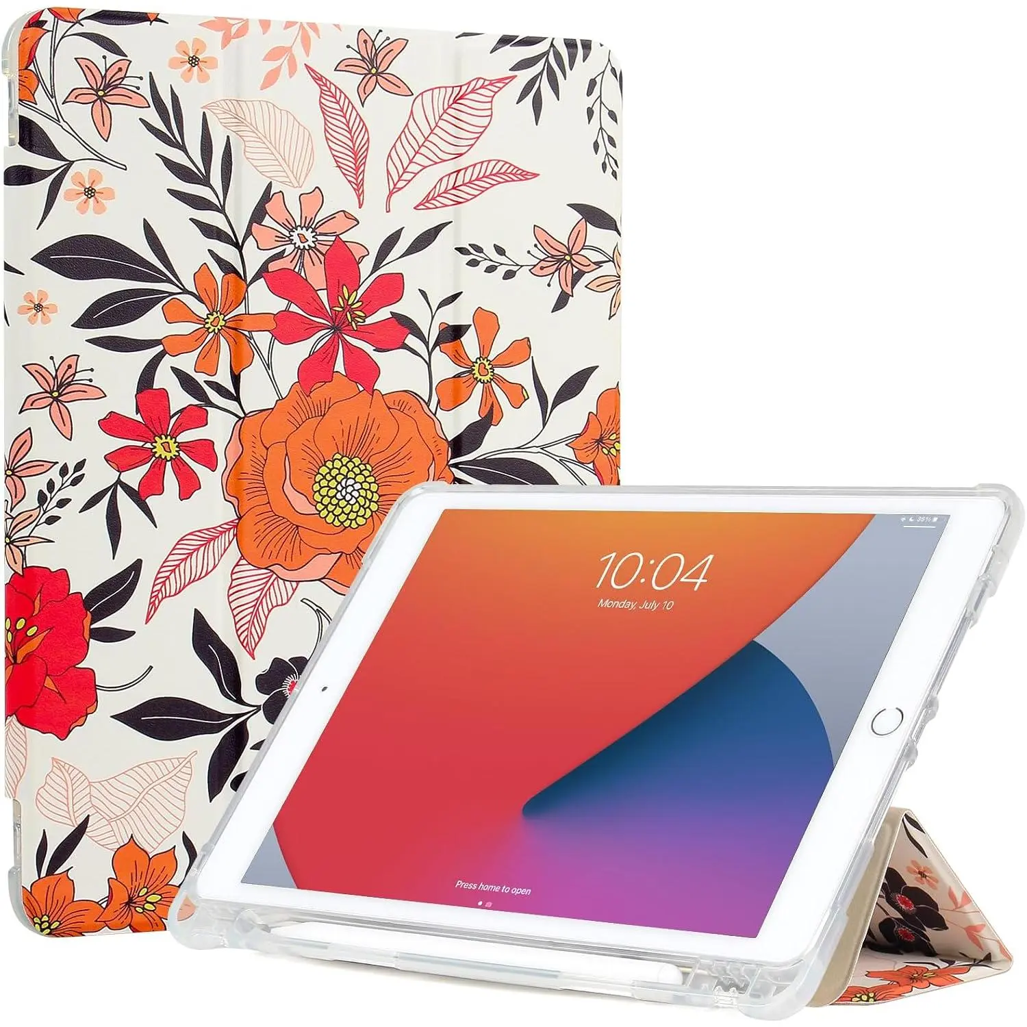 Case Compatible with iPad 10.2/7th-9th Gen, Auto Wake&Sleep Slim Trifold Stand Case with Pencil Holder, Lightweight TPU, Flora