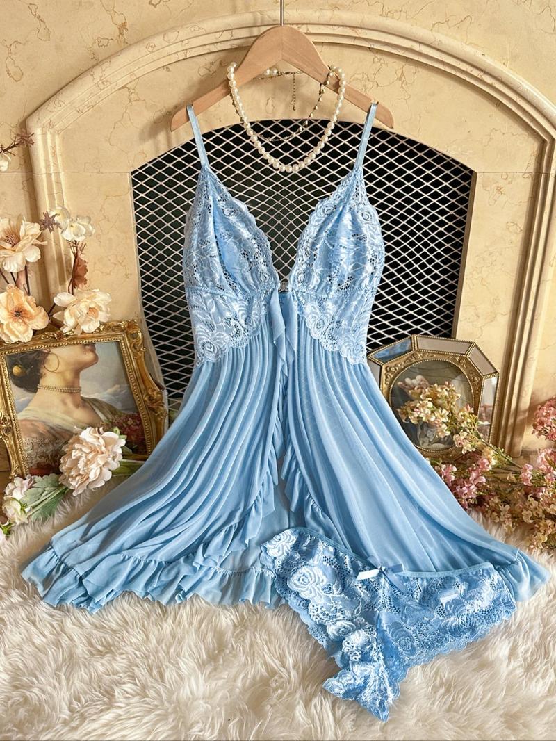 Ladies' Sexy Ruffle Trim Cami Nightdress & Bow Decor Panty Set, Comfortable Playful Floral Lace Sheer Sleepwear Set, Glamour Lingerie Set