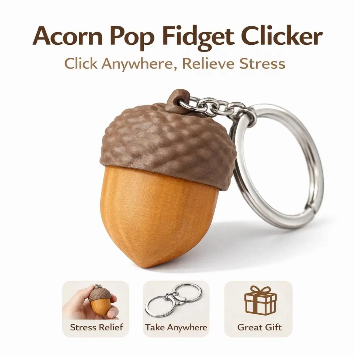 Acorn Pop Fidget Clicker Keychain Silent Stress Relief Toy Portable Key Ring Bag Charm Gift
