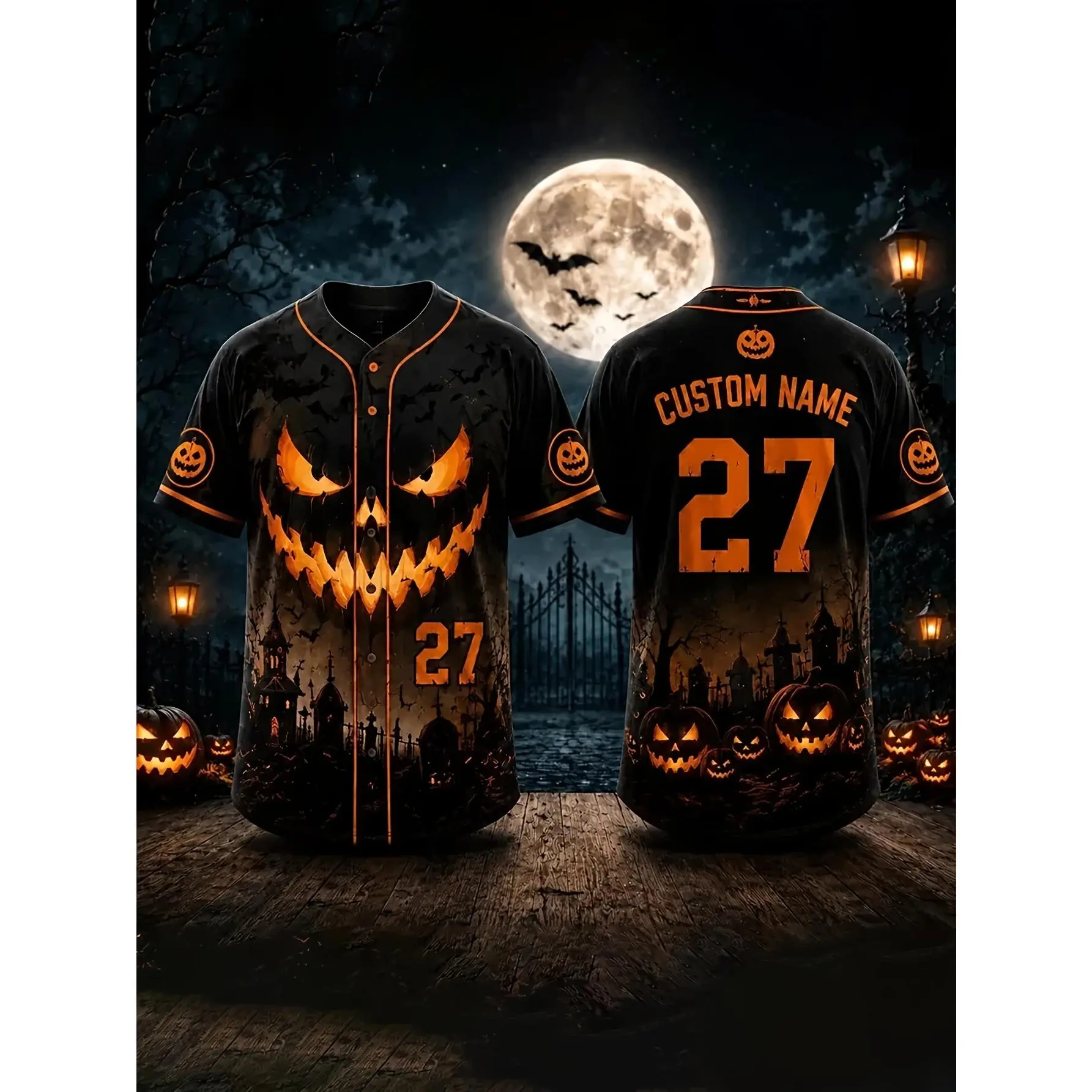 [S-4XL] Custom Scary Print Halloween Baseball Jersey for Baseball/Softball - Polyester Short Sleeve Tops, Jack-O'-Lantern, Pumpkin, Ghost City, Tombstone, Bat, Full Moon Prints, Personalized Name & Number, Quick Drying Breathable, for Adults