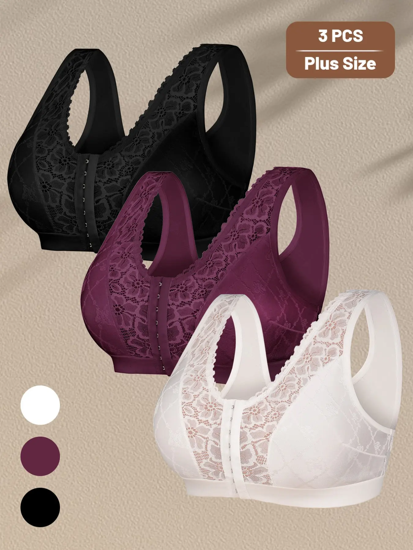 3 Pack Plus Size Comfort Bras, Easy Front Hook Wireless Style, Medium Support, Full Coverage, Casual Everyday Bra for All Seasons