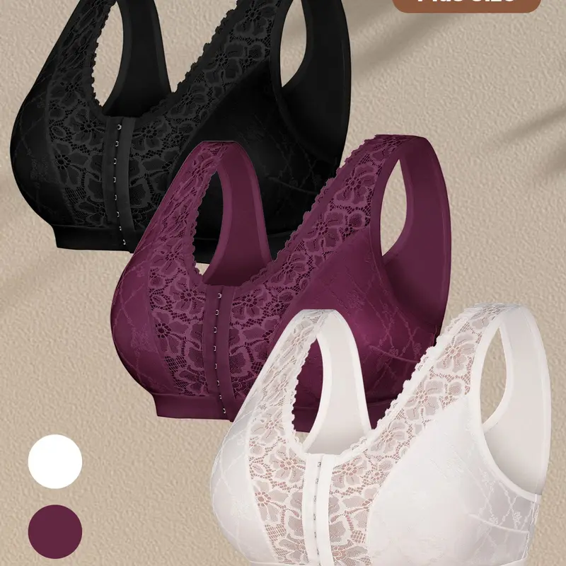 Women's Plus-Size 3-Pack Wireless Bras, Front-Closure Full-Coverage Comfort Bras with Wide Straps and Medium Support