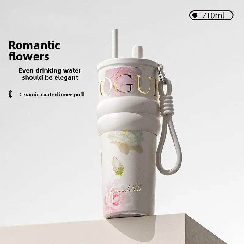 Bestselling Insulated Cup, High Aesthetic Female 2026 New Large Capacity Ceramic Inner Straw Water Bottle, Birthday Gift