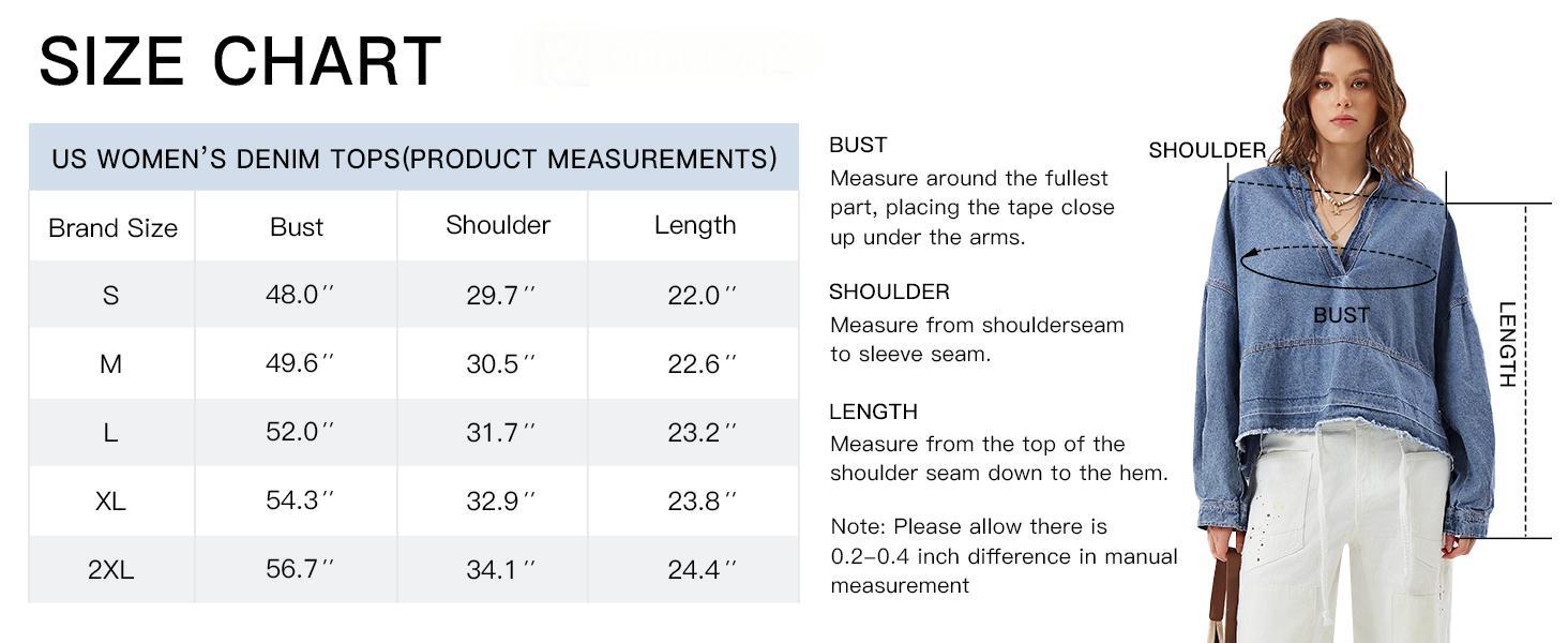 FMEYOA Womens Denim Tops Pullover Trendy Casual V Neck Loose Fit Puff Sleeve Jean Cotton Shirts