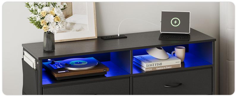 6 Drawer Dresser for Bedroom with LED Lights and Charging Station, Modern Wood Dressers with Extra Side Bag, Double Wide Drawer Cabinet TV Stand for up to 60" TV for Living Room (Black)