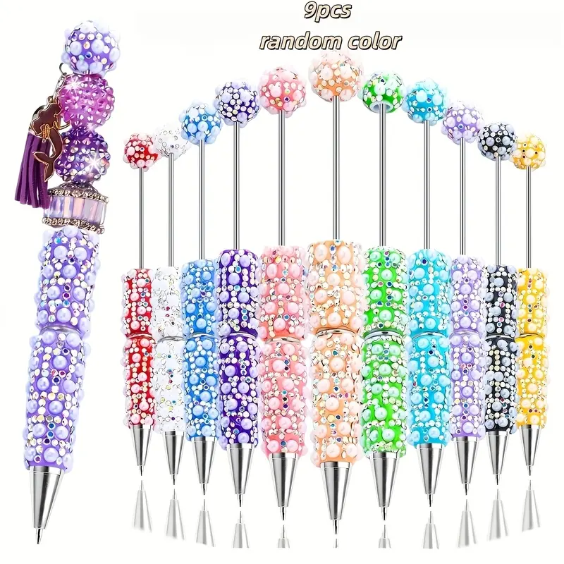 9pcs random color full diamond pearl bead pen set, pearl fancy pearl pen, hand account pen, interesting pearl pen, fashionable pearl pen, creative writing tool, handmade pen craft, Mother's Day, Valentine's Day, home office signature pen (black ink)