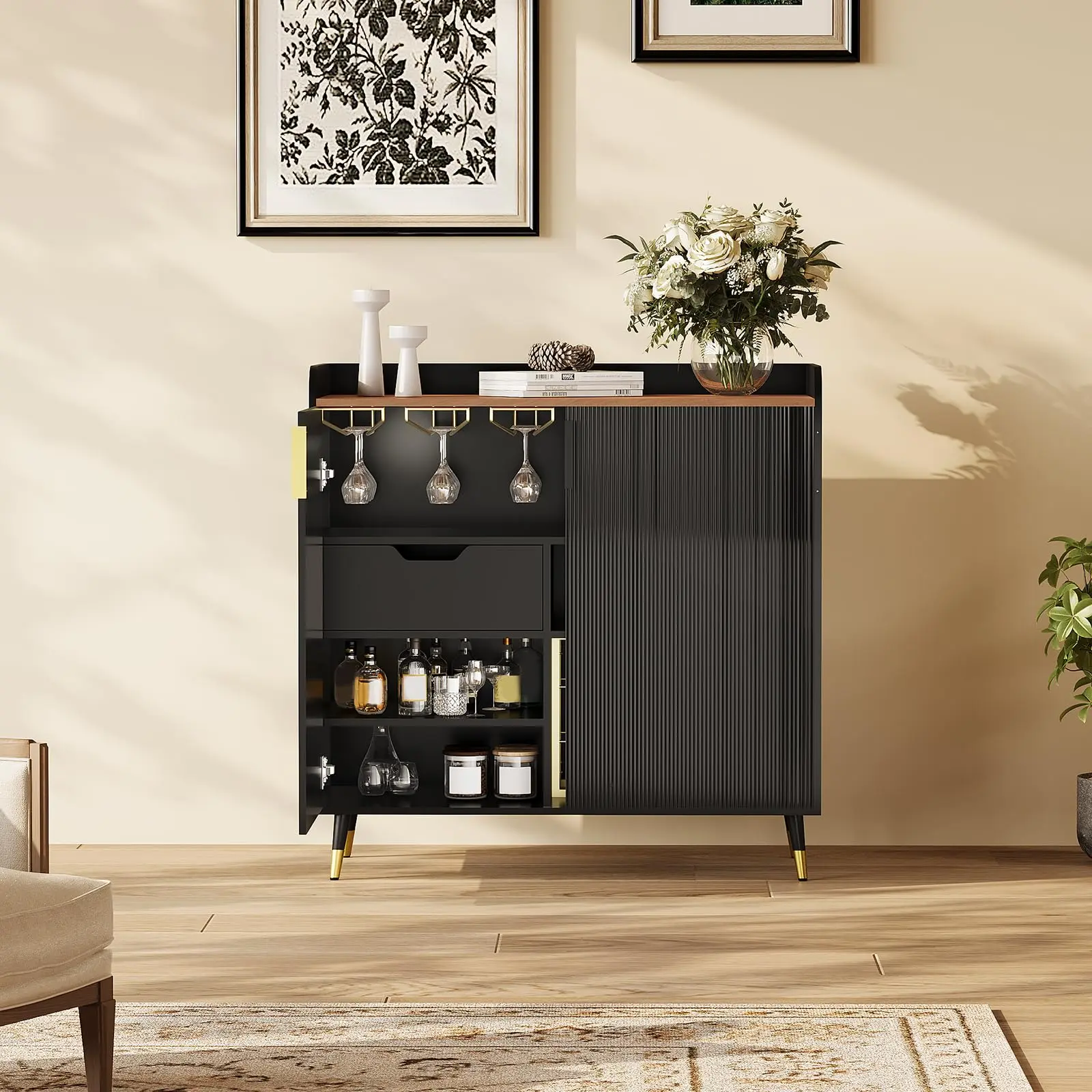 Modern Freestanding Wine Rack Cabinet for Dining Room – Elegant Bar Storage Organizer with Sturdy Construction – Home Kitchen Furniture – Versatile Wine & Glass Holder Solution