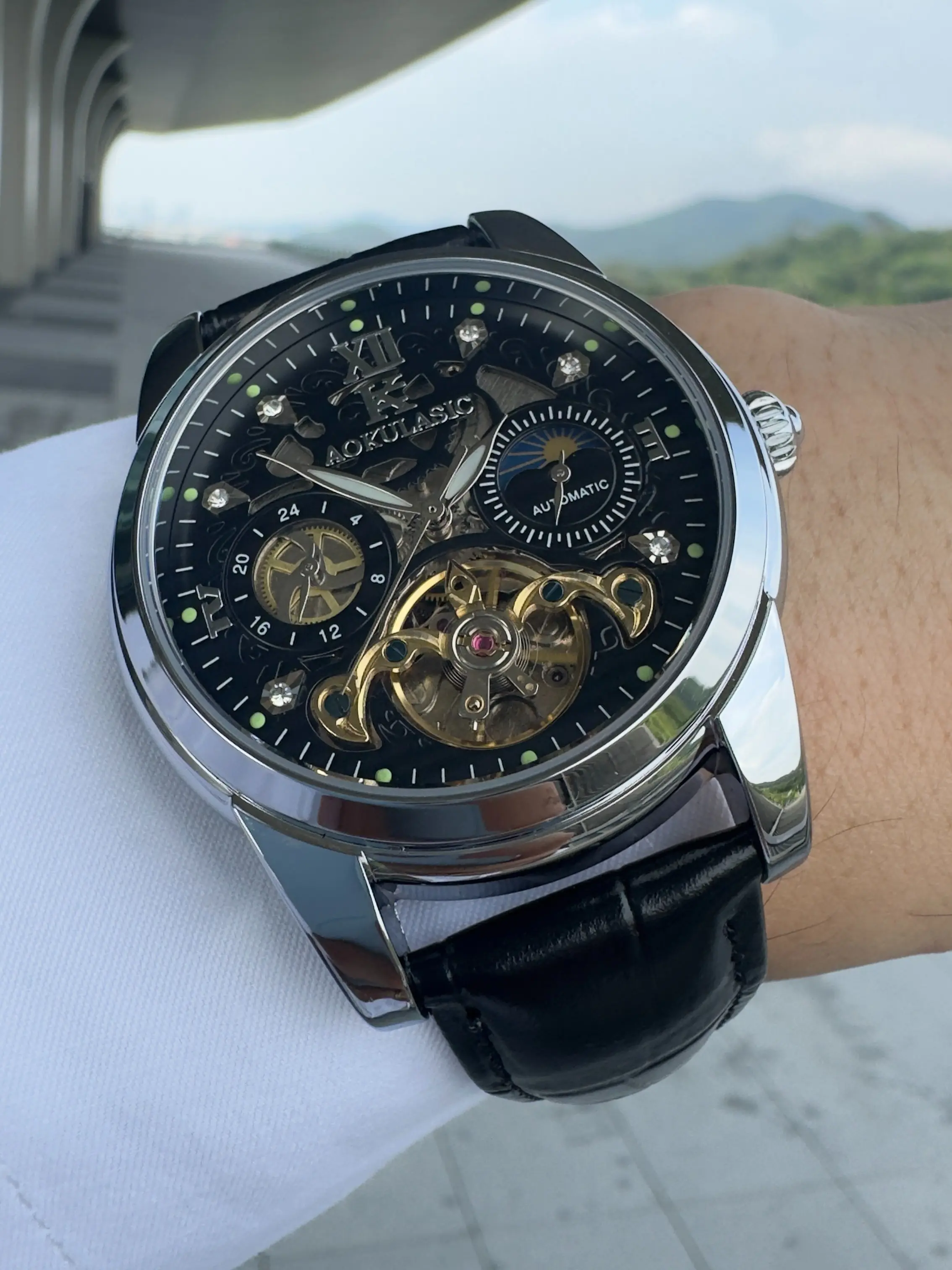 1pc Tourbillon Automatic Mechanical Watch for Men Fashion Skeleton Watches Luminous Hands Top Brand Leather Strap Business Casual Mens Wristwatches