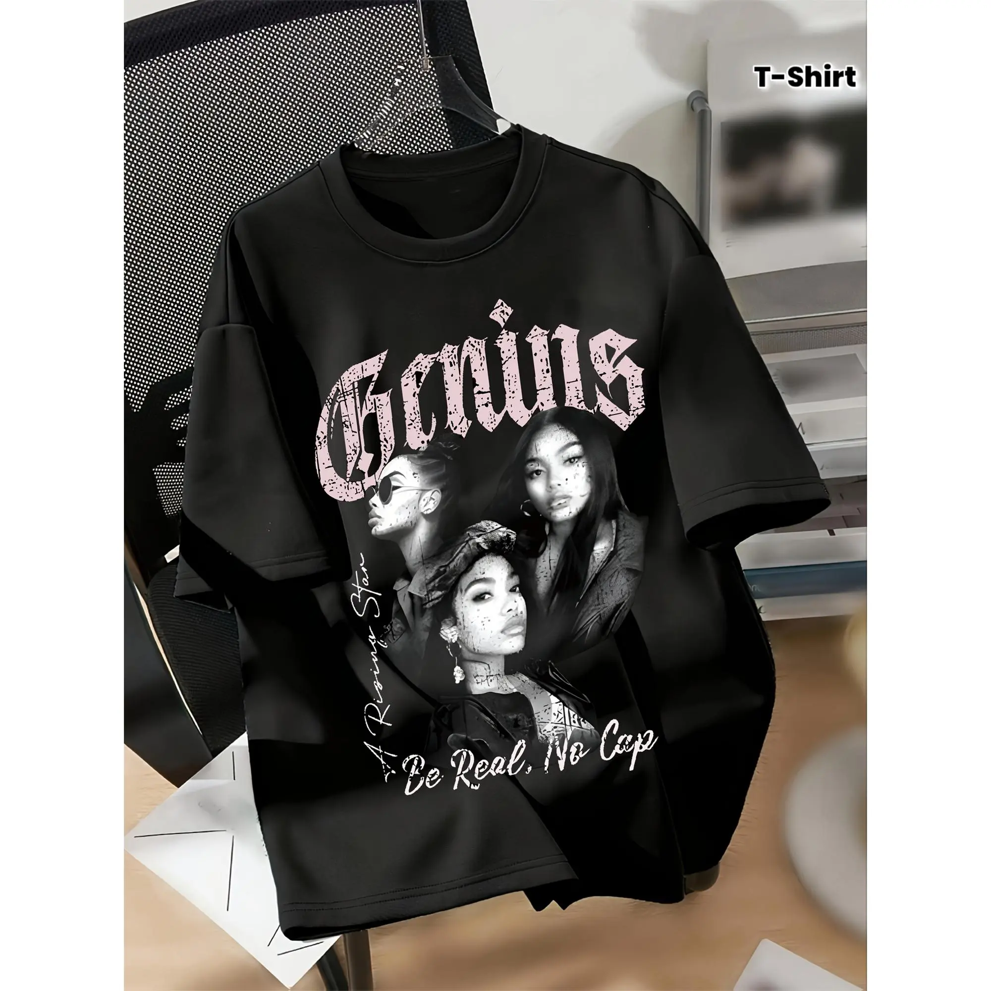 Men's Cotton Streetwear Short-Sleeve T-Shirt - American Retro Portrait Print, High-Street Distressed Black & Pink Lettering, Loose Crew Round Neck, Heavyweight Soft Casual Top, 2XL 4XL Foldable Menswear Garment