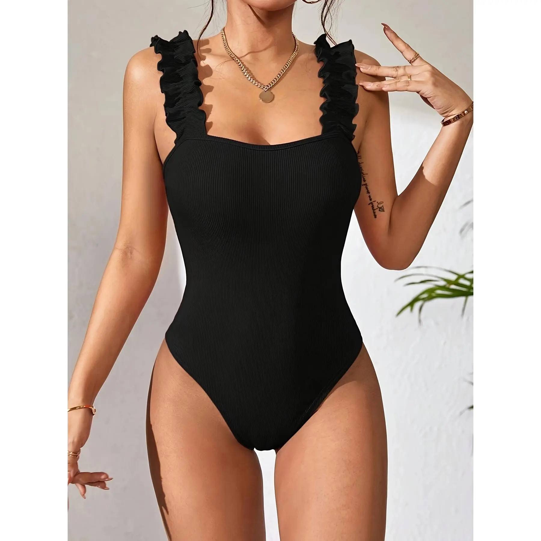 Women's Sexy Strappy Bodysuit Top, Sleeveless Off the Shoulder Pleated Knit with a Skinny Fit, Tops, Fabric, Polyester, Off Shoulder, Lady, Solid, Elastane, All Seasons Womenswear Black