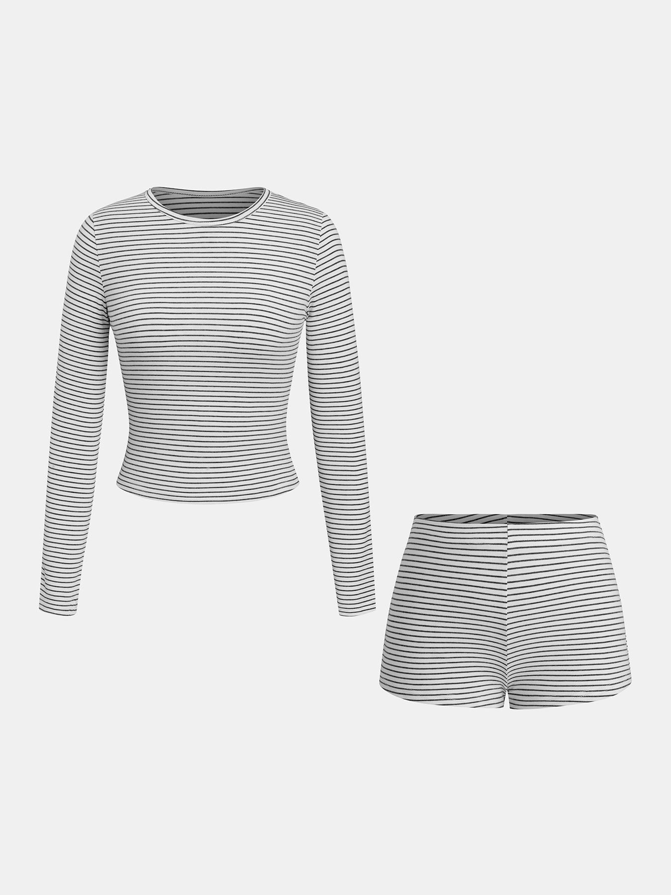 Women's Casual Striped Long Sleeve Top and Shorts Set, Fitted Regular Length, All Seasons, Plain Pattern, 2 Piece