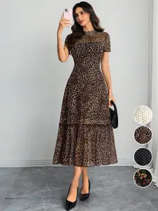 Women's Sexy Leopard Print Elegant Round Neck Mesh Skirt Dress, Stylish Casual Fashion, Perfect for Parties and Daily Wear, Elegance