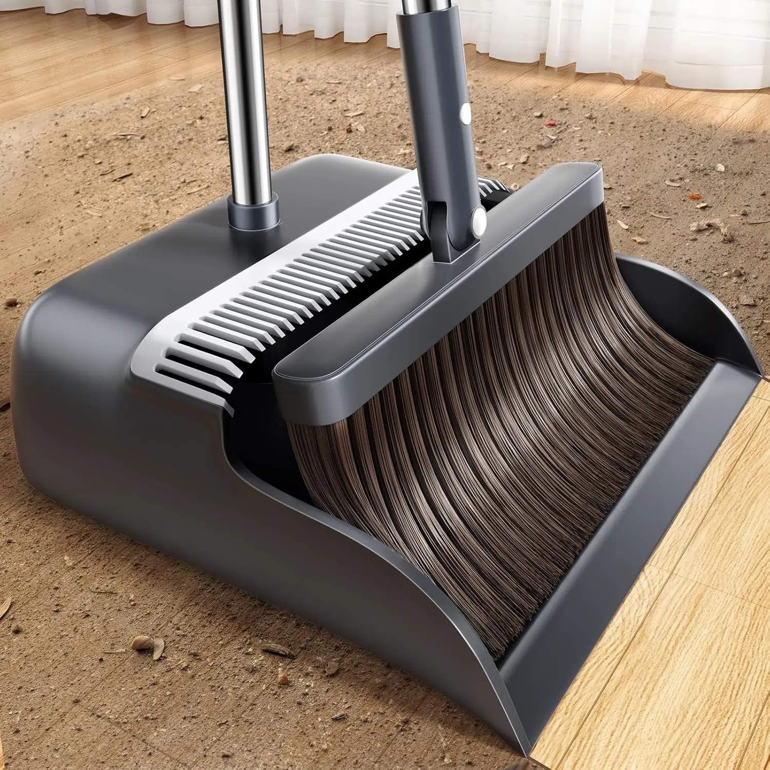 Broom and Dustpan Combo Set, 51.6" Long Handle, 2 Broom Heads, Dust Pan with Teeth for Pet Hair, Suitable for Indoor & Outdoor Sweeping, Ideal for Home, Kitchen, Office Use