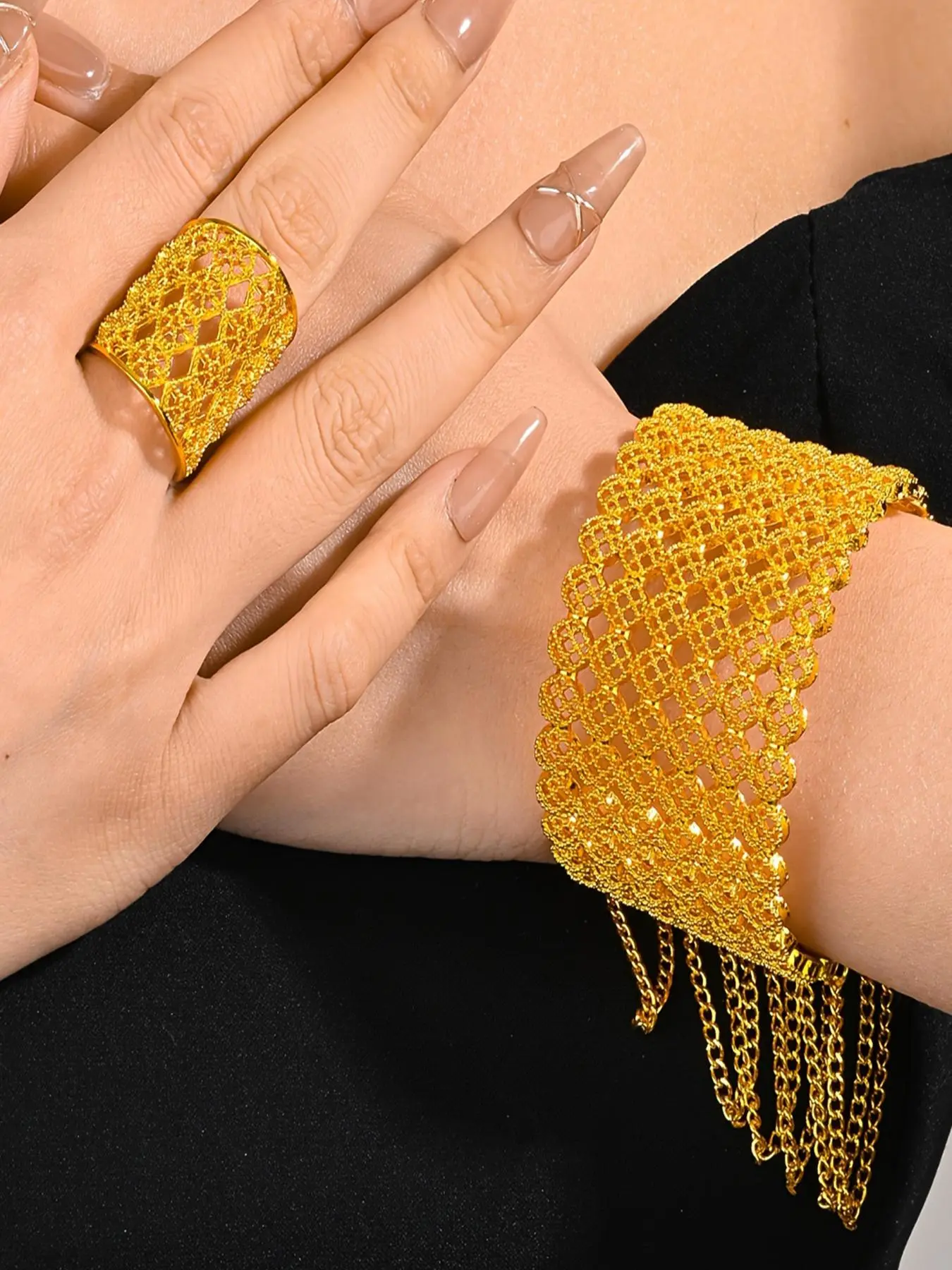 Baroque Style Hollow Out Fashionable Elegant Jewelry Set, Luxury Chain Decor Bracelet & Cuff Ring, Fashion Jewelry for Party, Daily Decor, Trendy All-match & Exquisite Jewellery Gift Set