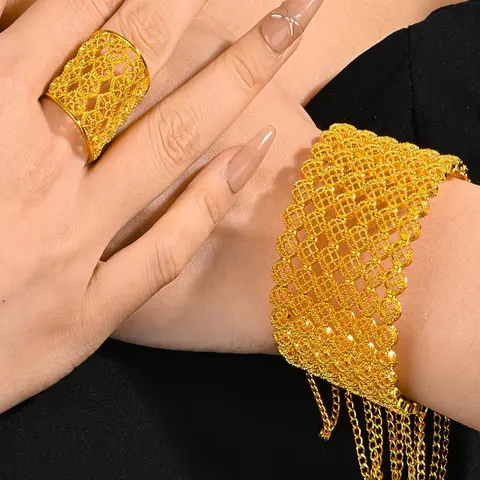 Baroque Style Hollow Out Fashionable Elegant Jewelry Set, Luxury Chain Decor Bracelet & Cuff Ring, Fashion Jewelry for Party, Daily Decor, Trendy All-match & Exquisite Jewellery Gift Set