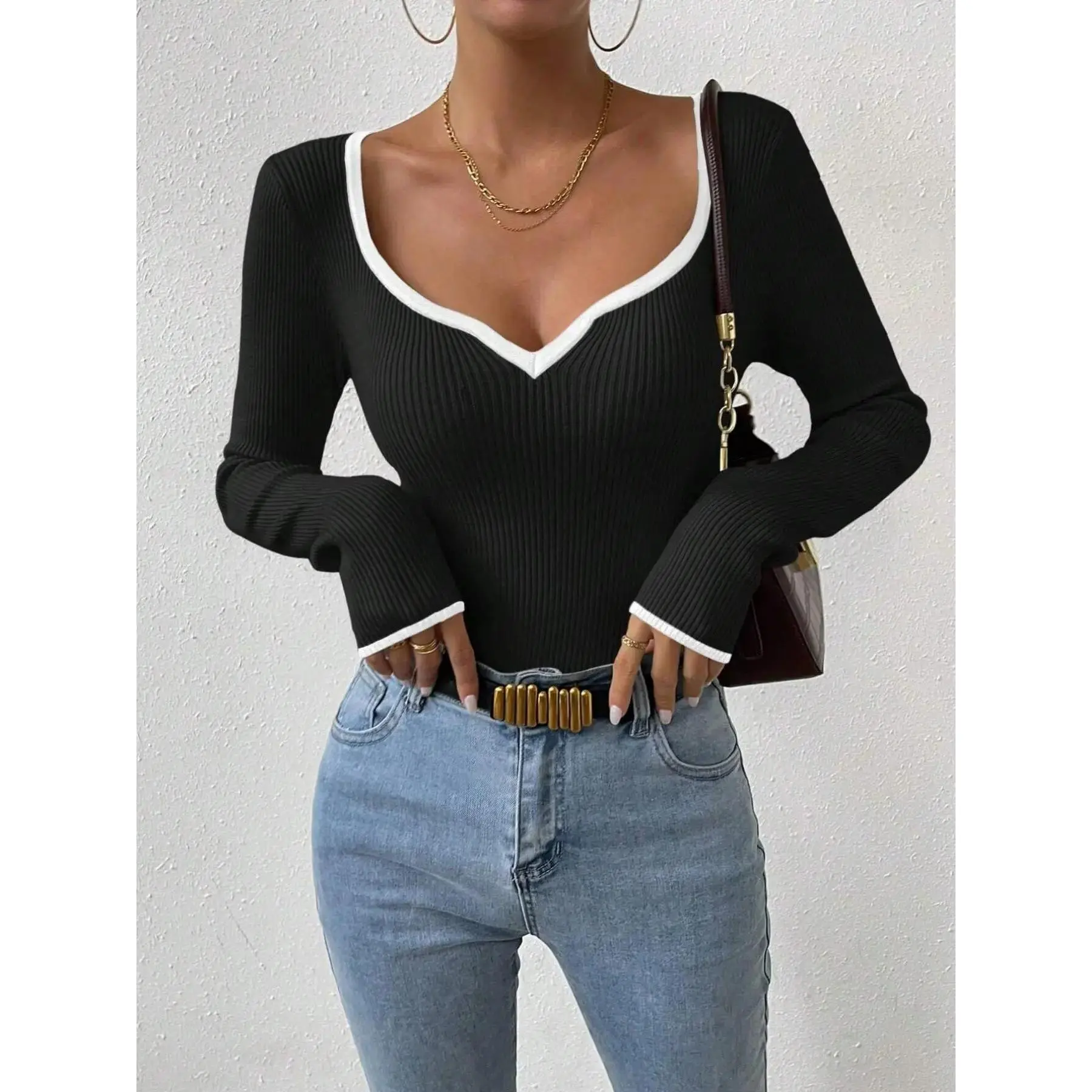 Women's Plain Contrast Binding Sweetheart Neck Sweater, Casual Long Sleeve Jumper for Fall & Winter, Fashion Chic Feminine Ladies' Knitwear Tops Womenswear for Daily Wear, Knitting