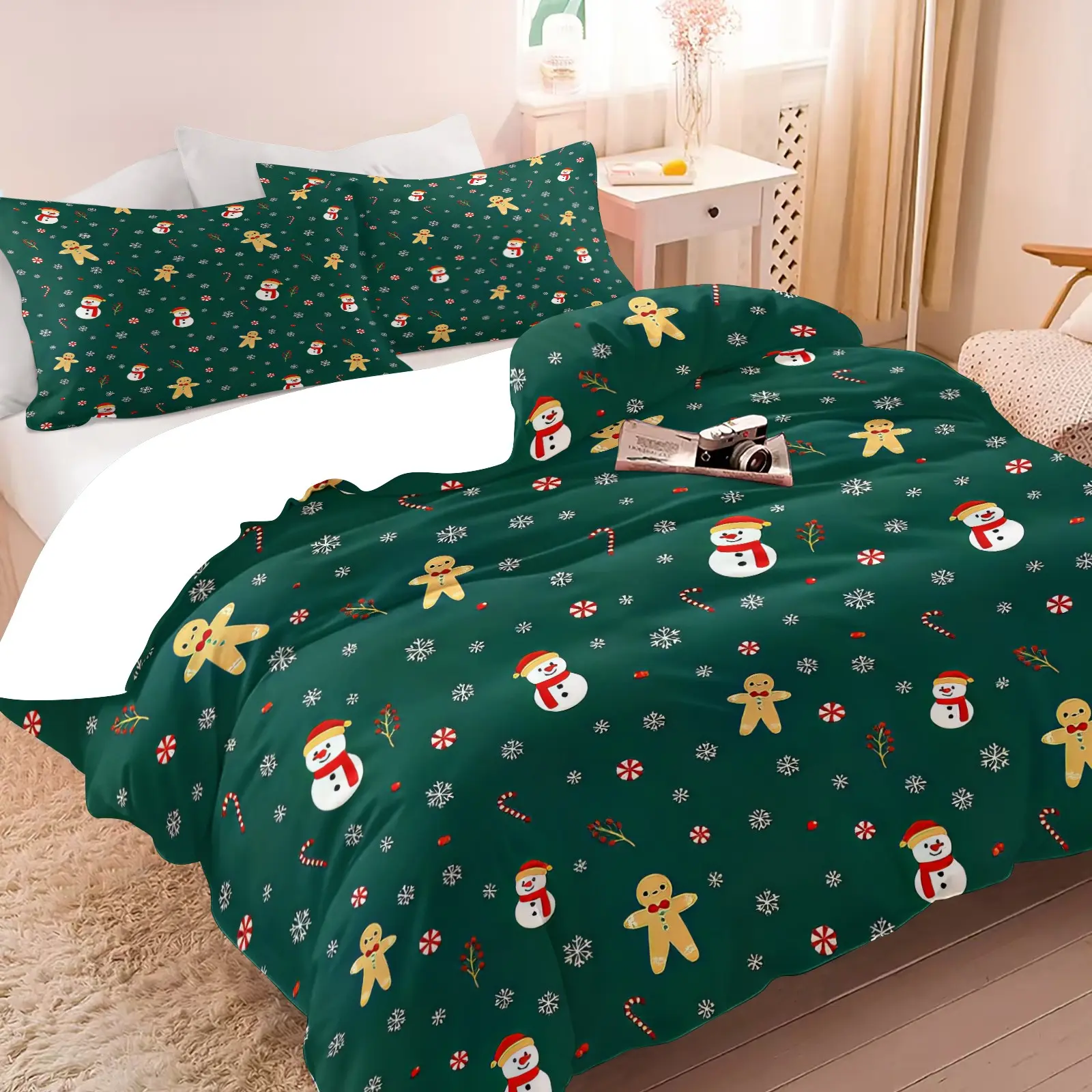 Christmas Gingerbread Man Snowman Print Duvet Cover Set, 1 Duvet Cover & 1/2 Pillowcases No Filling, Winter Xmas Themed Bedding Set, Soft Microfiber, Holiday Decor Gift for Kids Family Bedroom Dorm