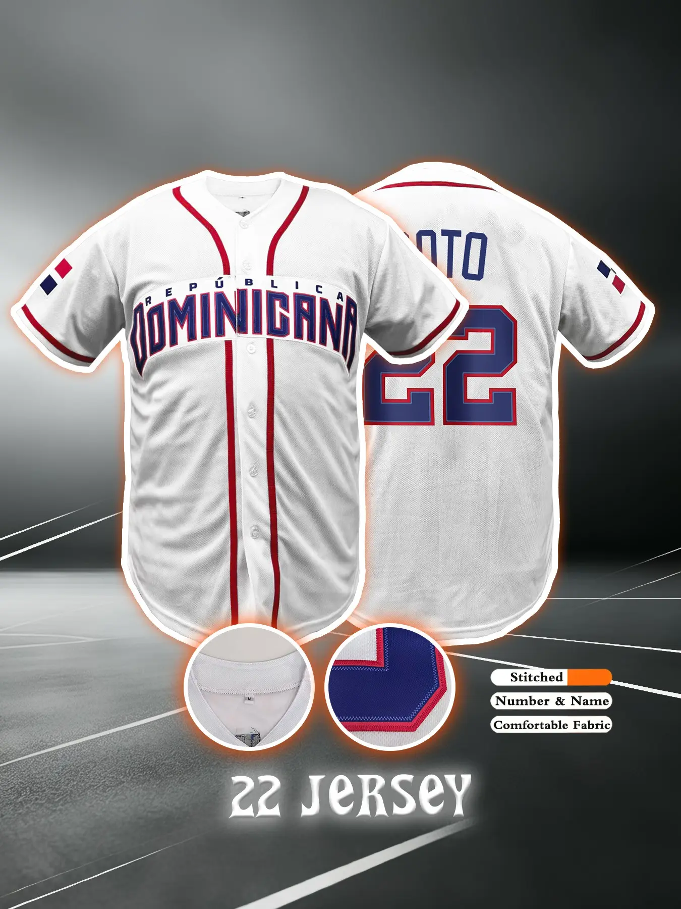Dominican Baseball Jersey, Embroidered Design, Casual Short Sleeve V-Neck, Breathable Sport Button-Up, Unisex, All Seasons, Athletic Tops