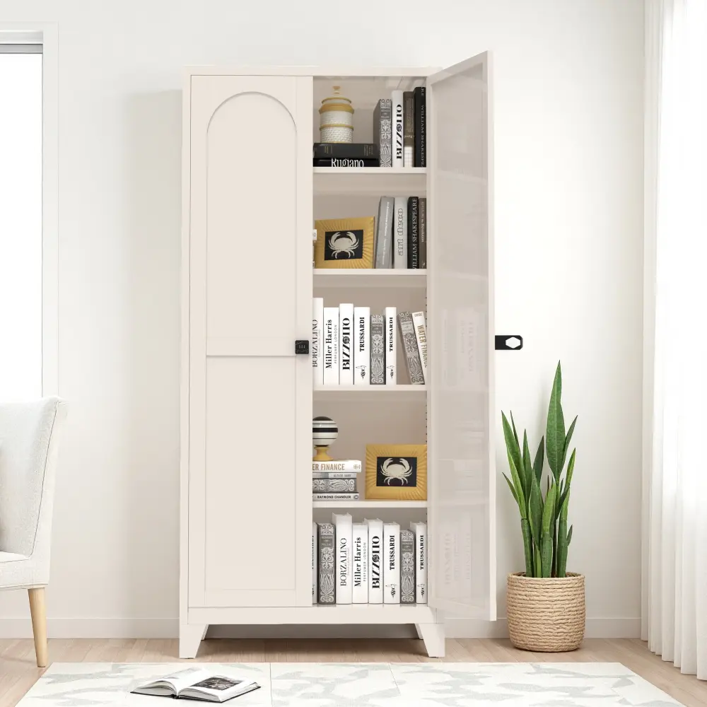 Littleox 71'' 2 Shapely Door Cabinet With Lock, Metal Storage Cabinet with Doors and Adjustable Shelves, for Kitchen, Bedroom, Living Room(Beige)