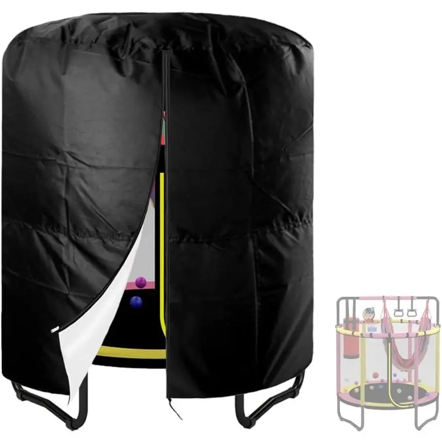 55in Round Waterproof Oxford Kids Trampoline Cover with Drawstring and Zipper for Indoor Outdoor Use, Black