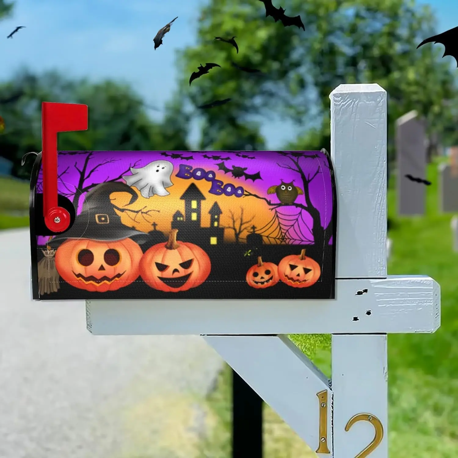 Halloween Magnetic Mailbox Cover with Ghosts & Bats, Owl, Castle Designs - Outdoor Magnetic Decor, Fits Standard 18"x21" Post Box Garden Wrap Decorations, Fits Standard Box, Outdoor Wrap