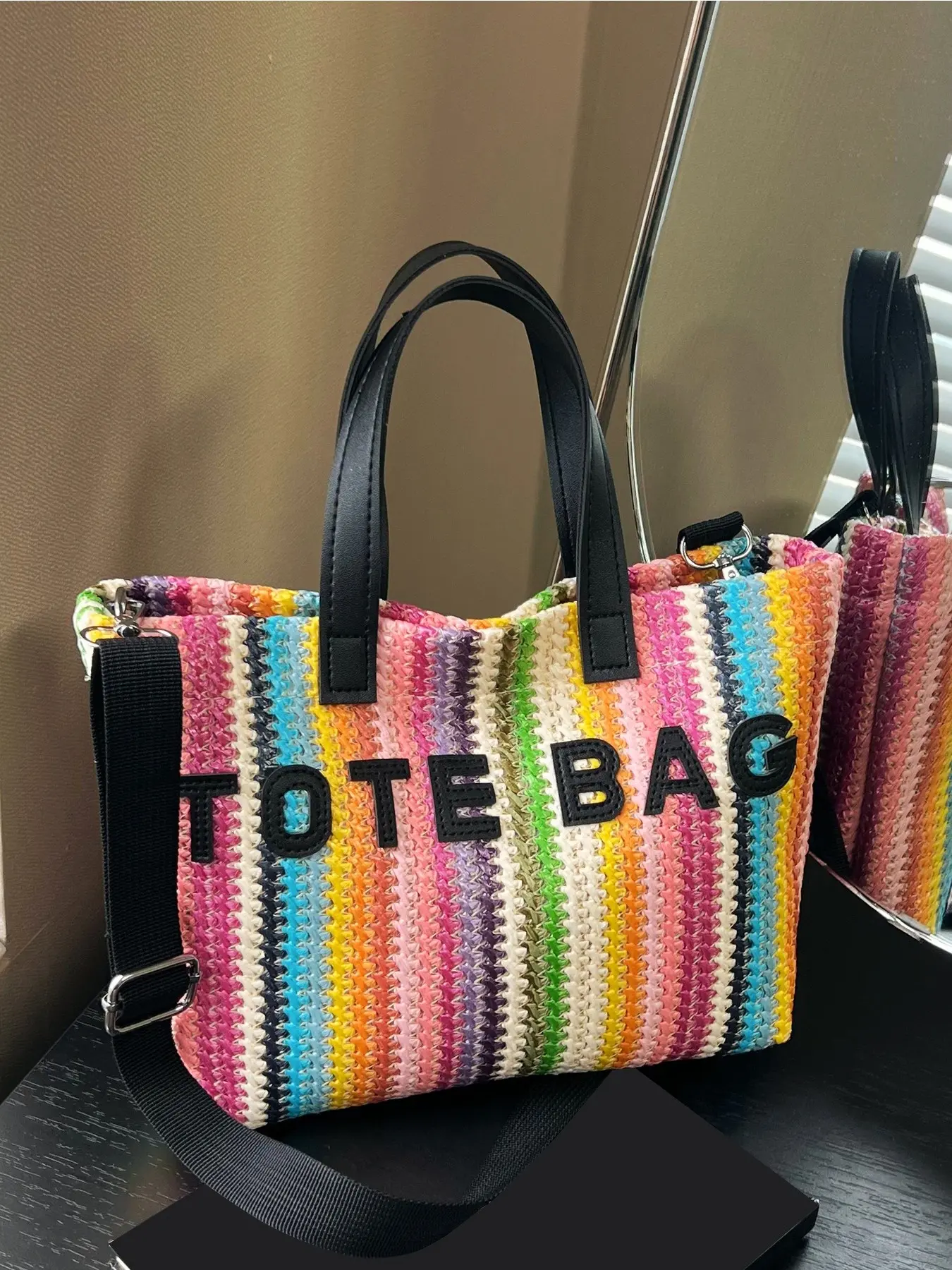 New Rainbow Color Block Striped Woven Tote Bag for Women Black Orange Green Pink Brown Five Color Leather Handle Detachable Wide Strap Beach Vacation Large Capacity Shoulder Bag