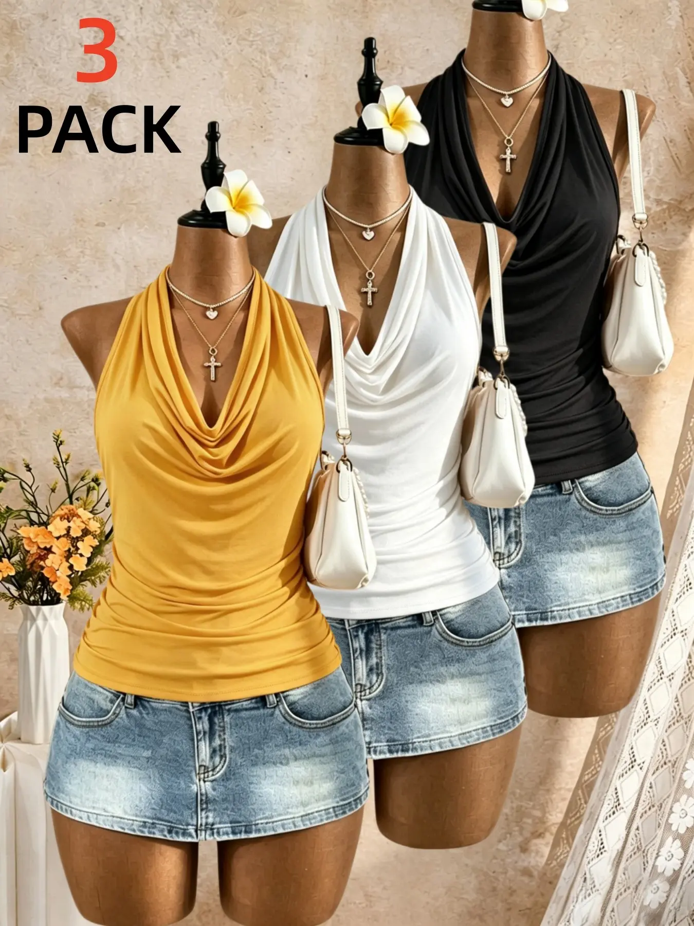 Y2K Fashion Halter Neck Top Set, Sleeveless Solid Slim Fit Ruched Back Vest Camis, Trendy Backless Casual Women's Strap Street Style
