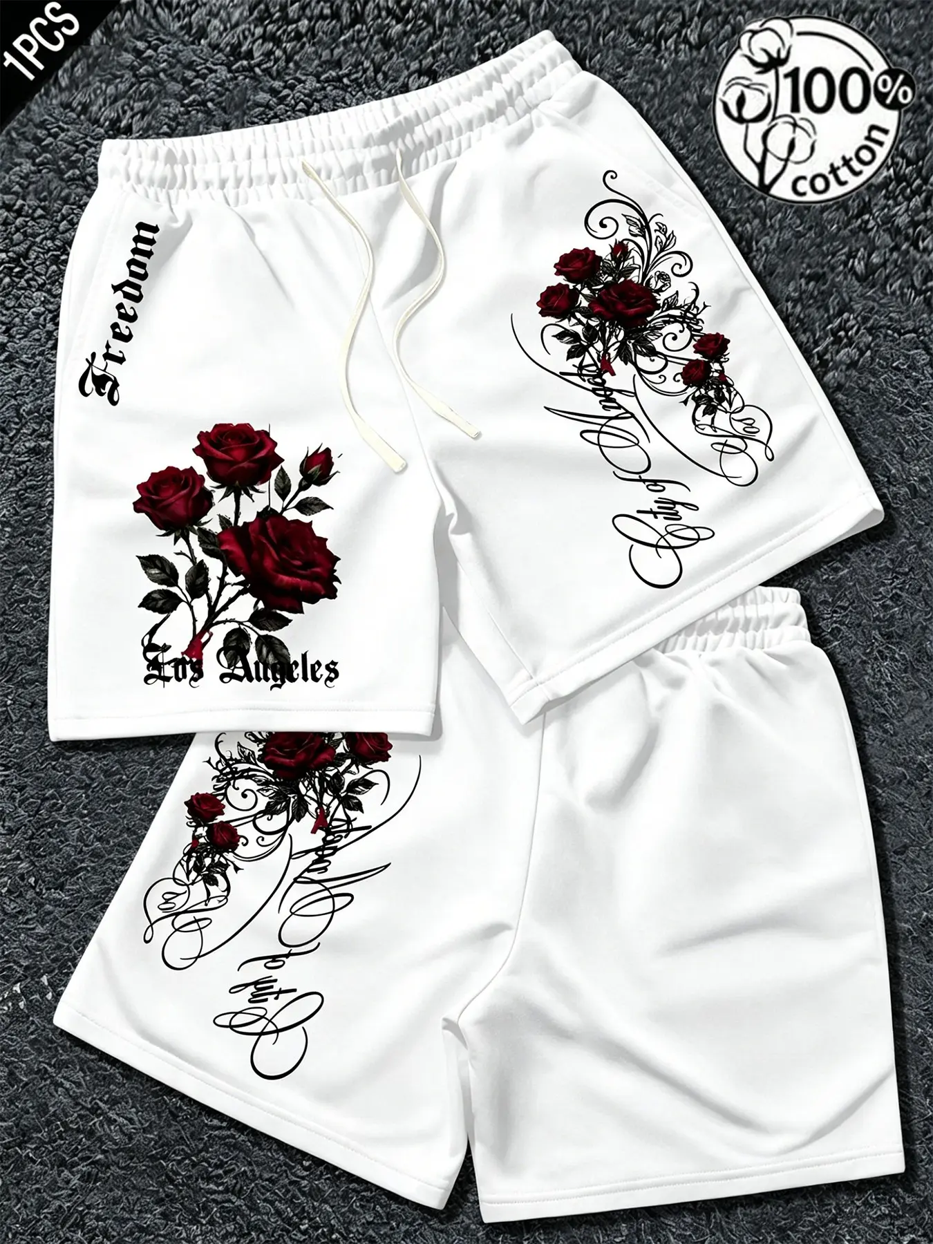 Unisex 100% Cotton White Drawstring Knee-Length Sweat Shorts with Asymmetric Red Rose Vine & Los Angeles Gothic Script Print American West Coast Chicano Vintage Casual Bottoms