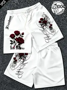Unisex 100% Cotton White Drawstring Knee-Length Sweat Shorts with Asymmetric Red Rose Vine & Los Angeles Gothic Script Print American West Coast Chicano Vintage Casual Bottoms