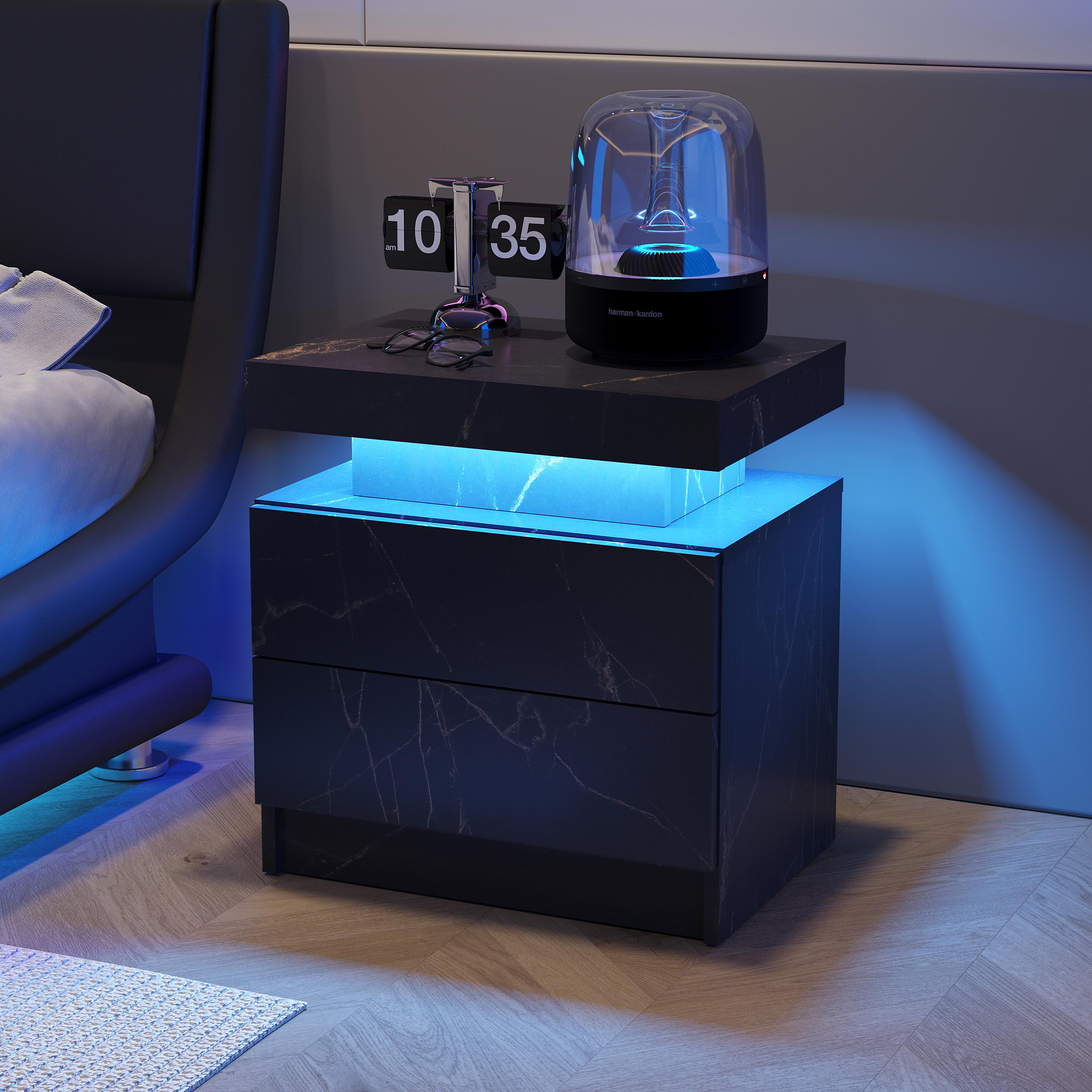 Bedroom Nightstand with 2 Drawers and 16-Color Adjustable RGB LED Lights, Modern Bedside Table Storage
