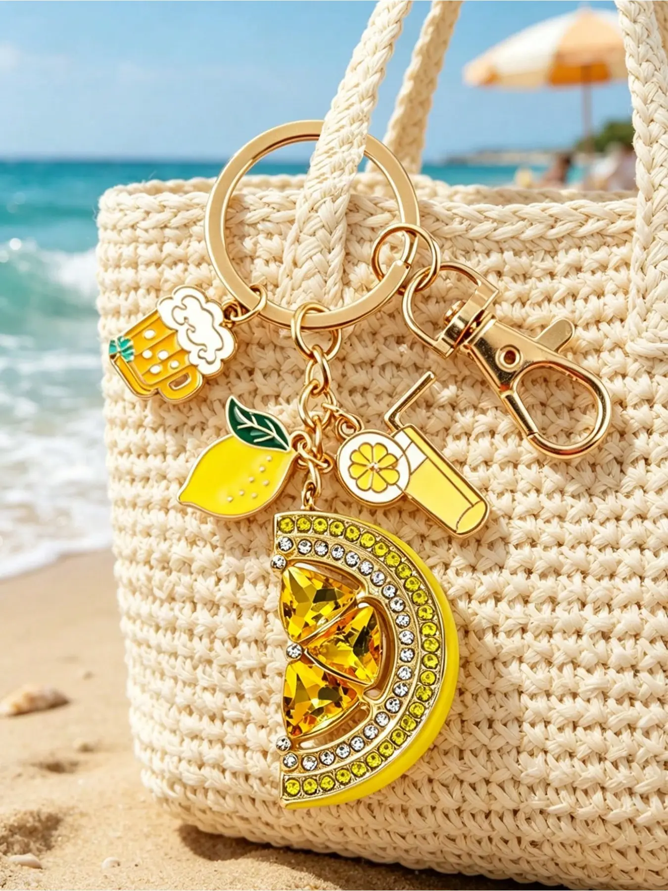 Diamond Embedded Lemon Pendant, Metal Keychain with Lemon Slice Design, Summer Beach Theme, Tropical Fruit Keychain, Women's Daily Wear Jewelry
