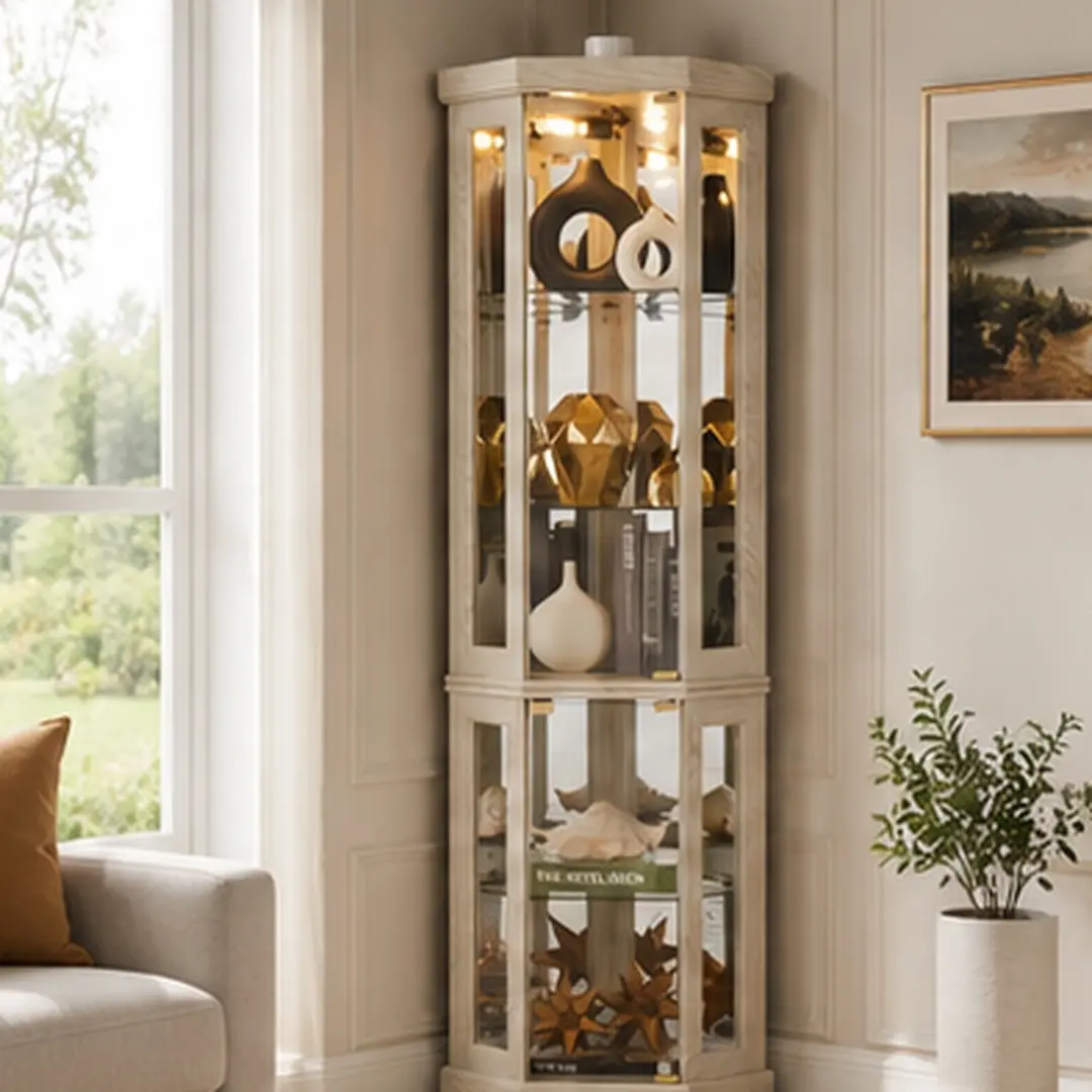 Antique White ARCH Corner Glass Curio Cabinet - Lighted Display, Adjustable Shelves, Acrylic Back Panel, 15.31" W x 15.31" D x 69.84" H, 57.64 lb, Assembly Required, Living Room Cupboard for Collectibles, Wine Storage, Curved Silhouette, Easy Assembly, Ha