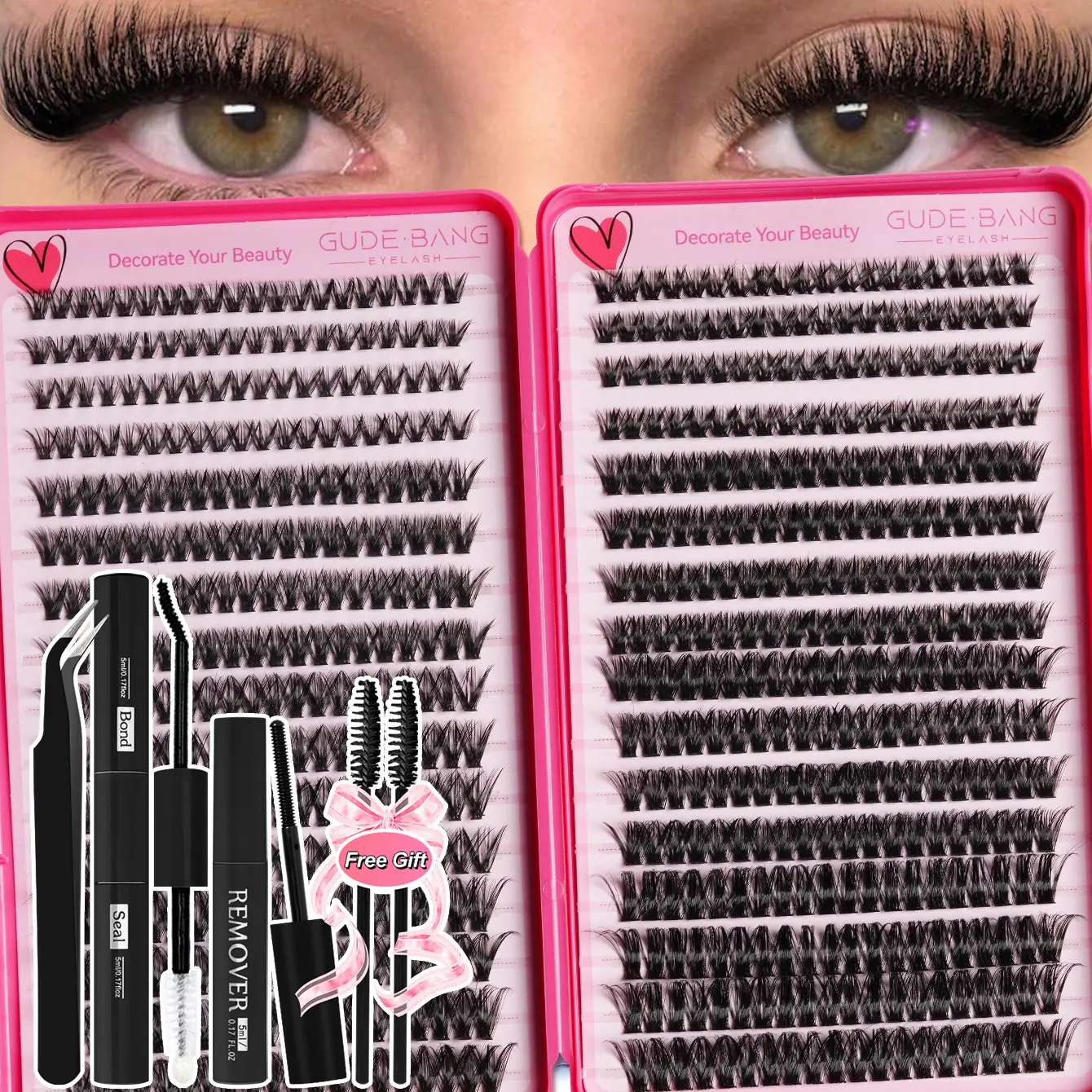 A DIY Eyelash kit featuring 640 individual lash clusters available in two styles (50D and 60D). The set includes soft, fluffy lash clusters in lengths ranging from 8mm to 16mm, along with waterproof adhesive, tweezers, and a lash brush.