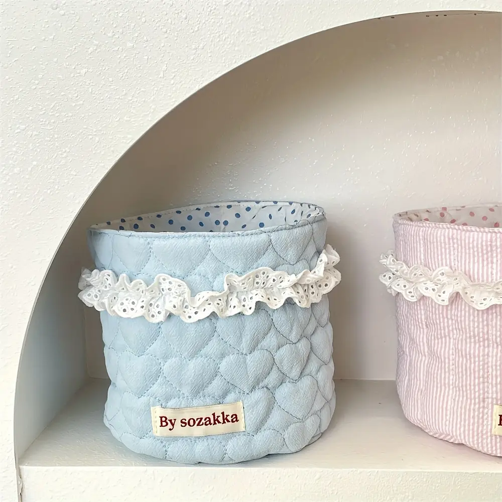 A Quilted Fabric Storage Basket Desktop Storage Organizer Cylindrical Sundries Snack Storage Basket, Shelf Baskets