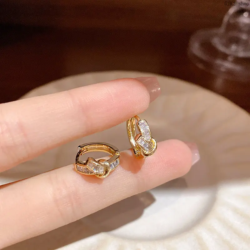 14K Gold Plated Intertwined Baguette Cut CZ Huggie Earrings Delicate Piercing Jewelry for Office Dating Daily Wear
