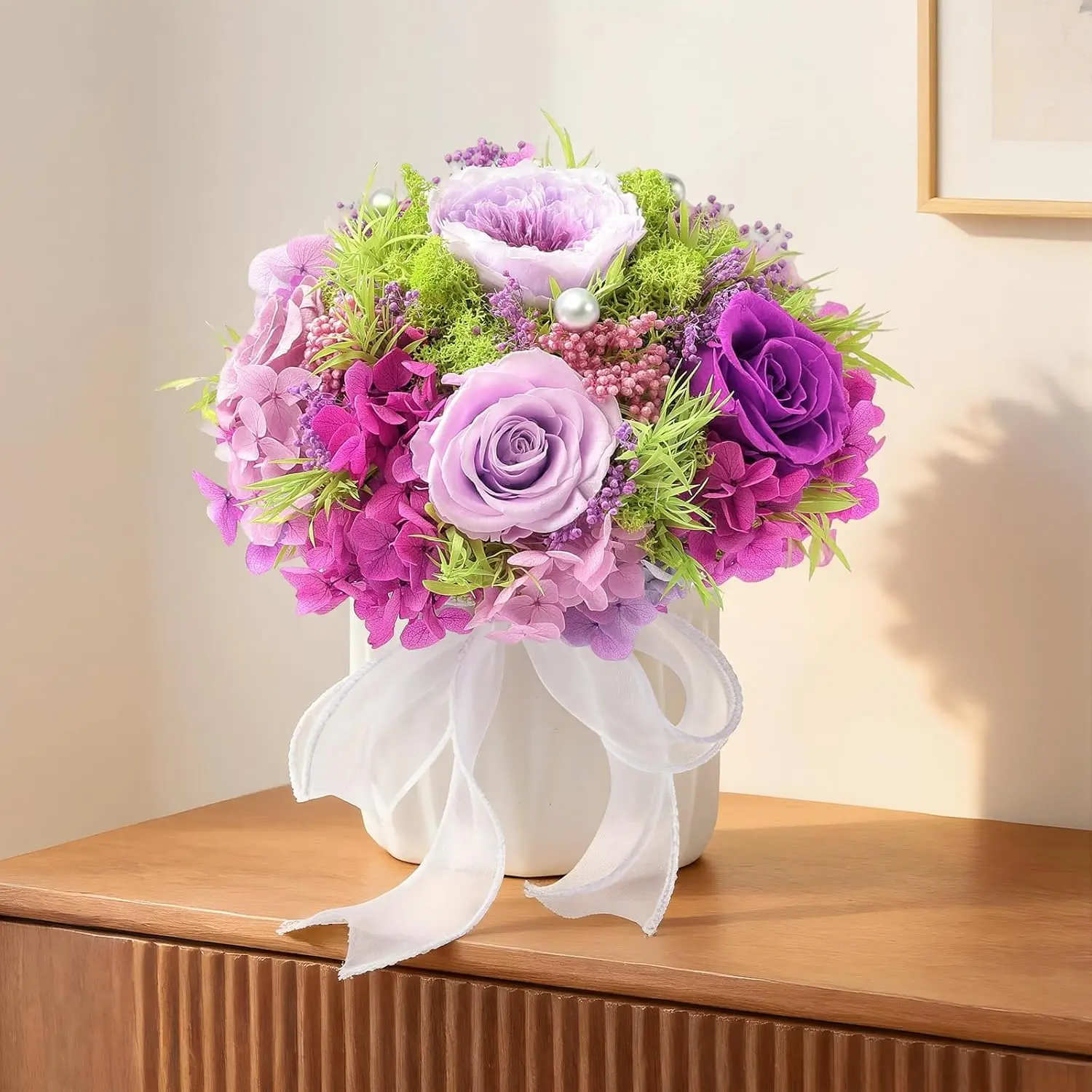 Preserved Flower Bouquet with Vase for Delivery  |  Forever Rose  For Women (Light  Eternal Floral Arrangement)